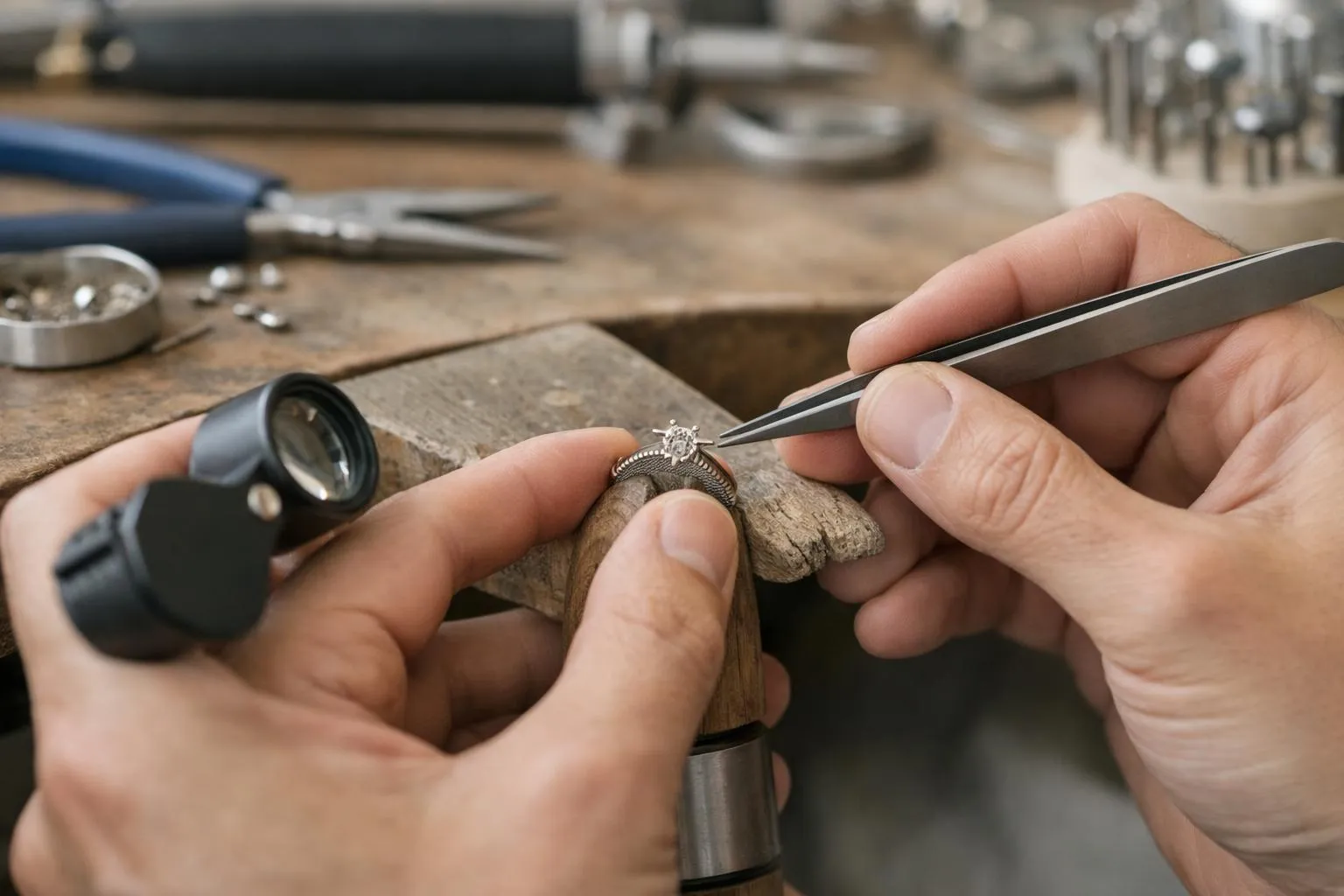 Vue rapprochée des mains d'un bijoutier artisanal travaillant sur un design de bague personnalisé dans un atelier parisien de luxe à Neuilly-sur-Seine, avec des outils professionnels tels que des pinces de précision et une loupe, montrant l'artisanat méticul