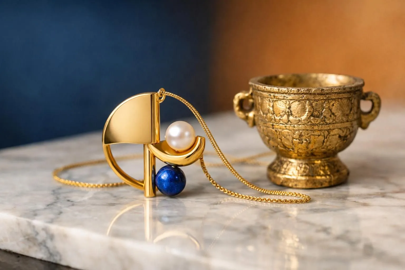 Elegant close-up of pure 24-carat gold jewelry piece next to an ancient gold artifact on polished marble, showcasing timeless lustrous finish and enduring quality under soft museum lighting
