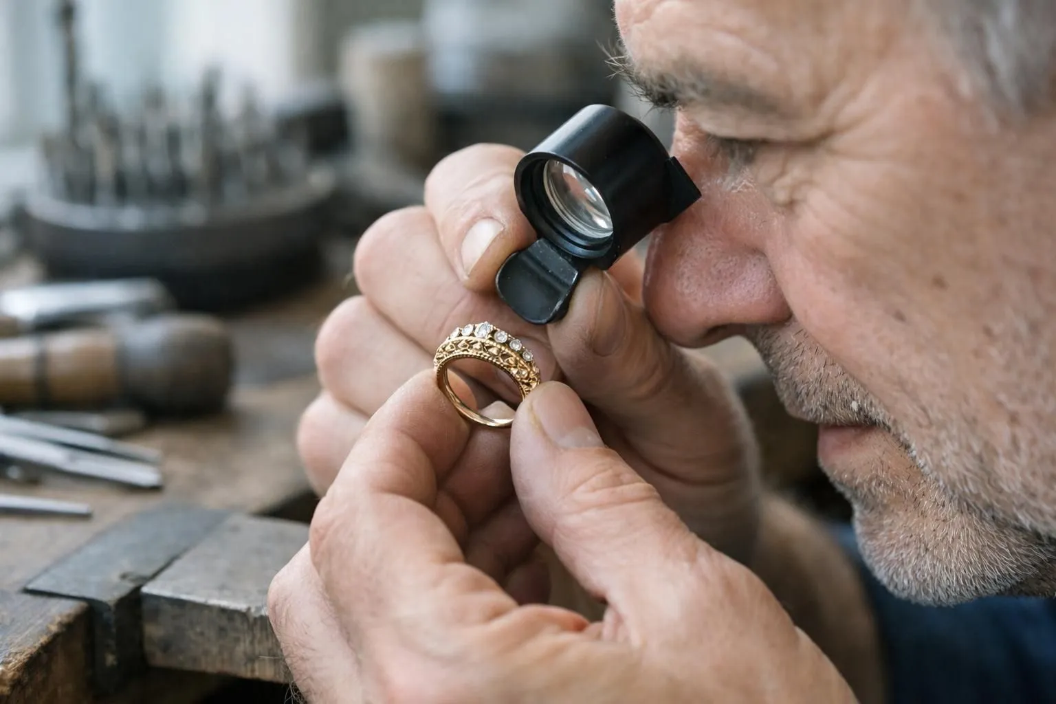 Close-up of experienced jeweler hands meticulously inspecting intricate gold ring details with professional loupe in elegant Parisian atelier with natural lighting and crafting tools