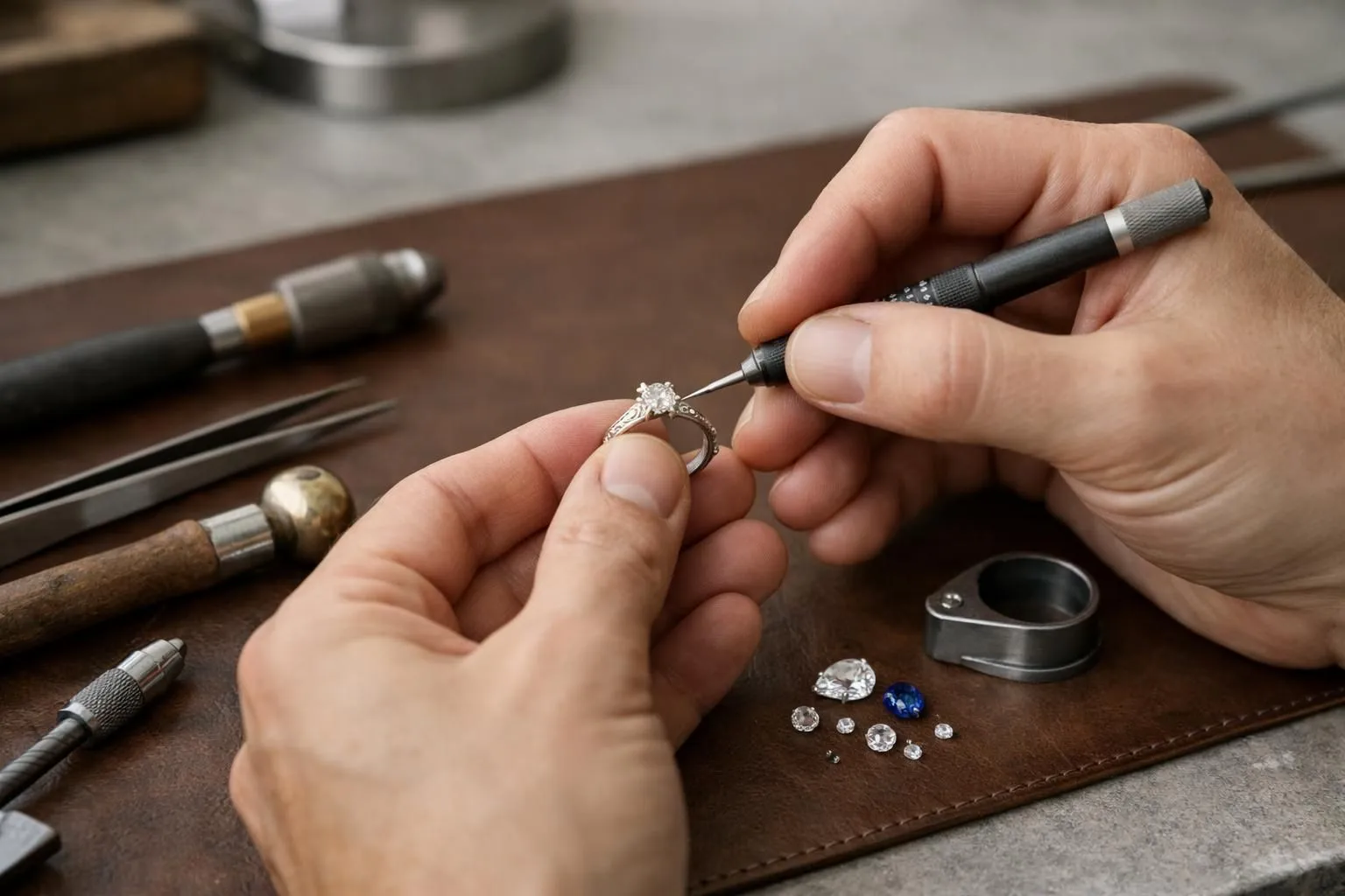 Close-up photograph of a skilled Parisian jeweler's hands meticulously working on a custom diamond ring with precision tools under bright workshop lighting, with gold shavings and gemstones on a leather work mat, showcasing the craftsmanship behind luxury jewelry creation in a French atelier