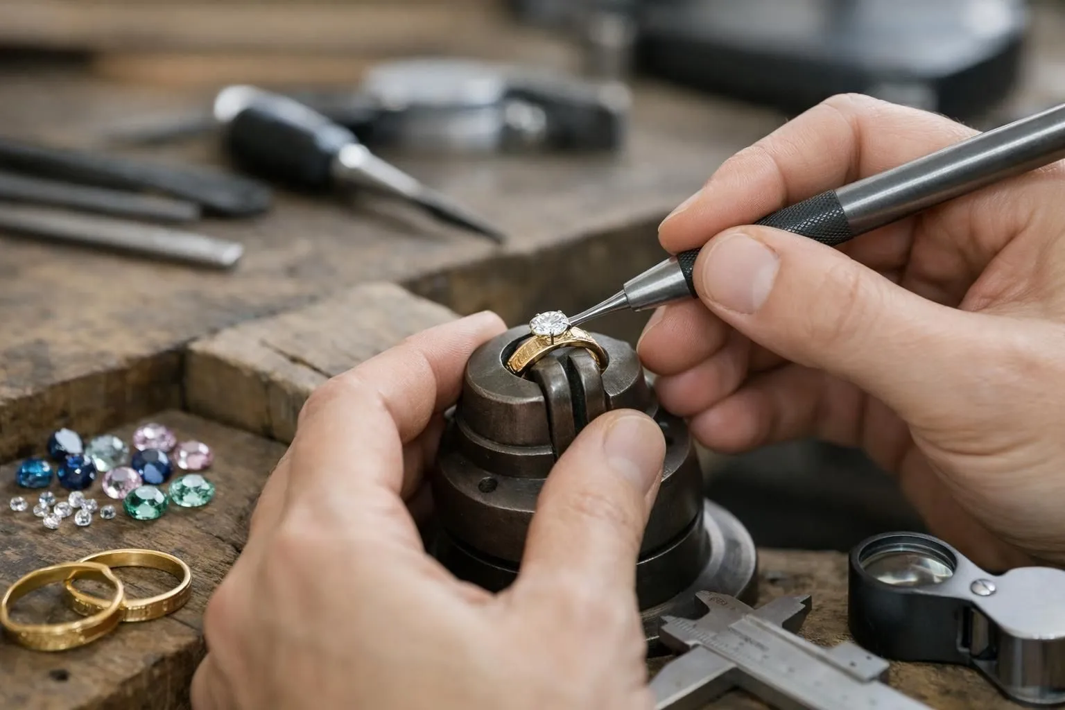 Close-up of a jeweler's hands using precision tools to set a diamond into a custom ring mounting on a workbench, with loose gemstones, gold bands, and measuring instruments visible, natural workshop lighting, photorealistic style
