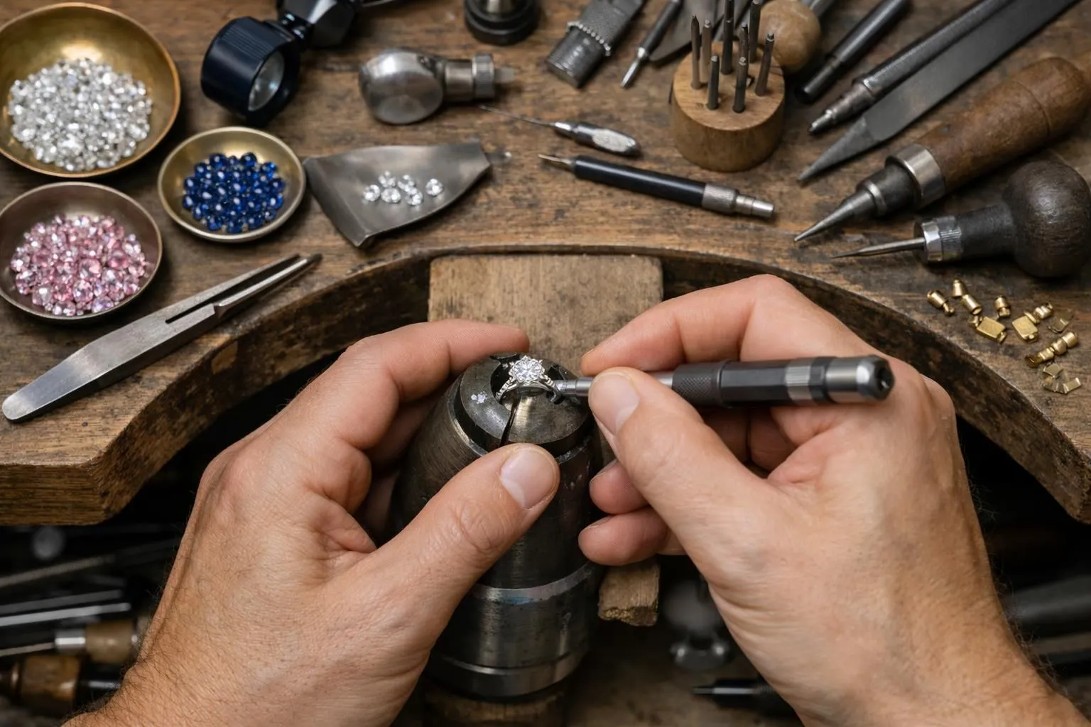 Close-up of an artisan jeweler's hands crafting a custom engagement ring at a traditional Parisian workshop bench, with gemstones, precision tools, and gold metal visible under focused lighting, showing authentic craftsmanship without any text or signage
