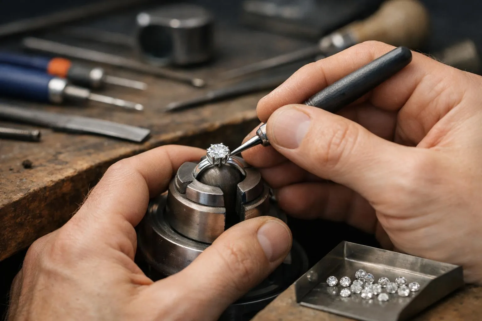 Joaillier sertissant un diamant sur une bague en métal.