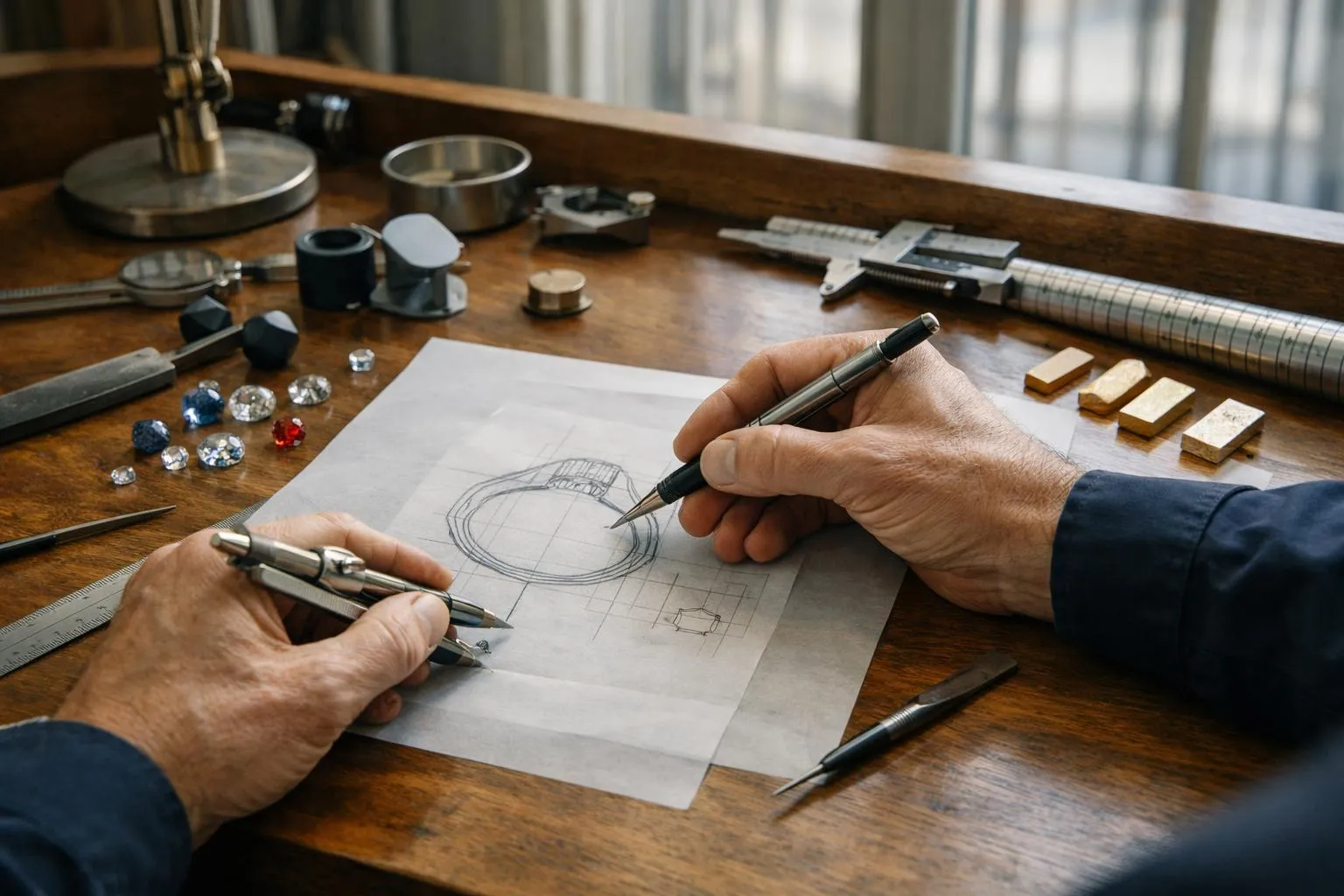 Atelier de joaillerie avec outils, pierres précieuses et croquis de conception.