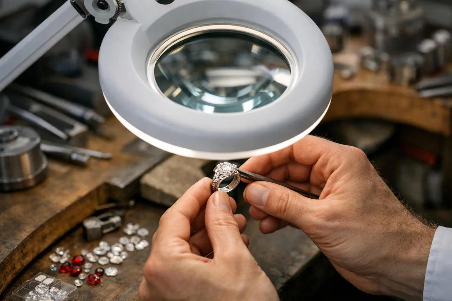 Mains examinant attentivement une bague de fiançailles sous une loupe.