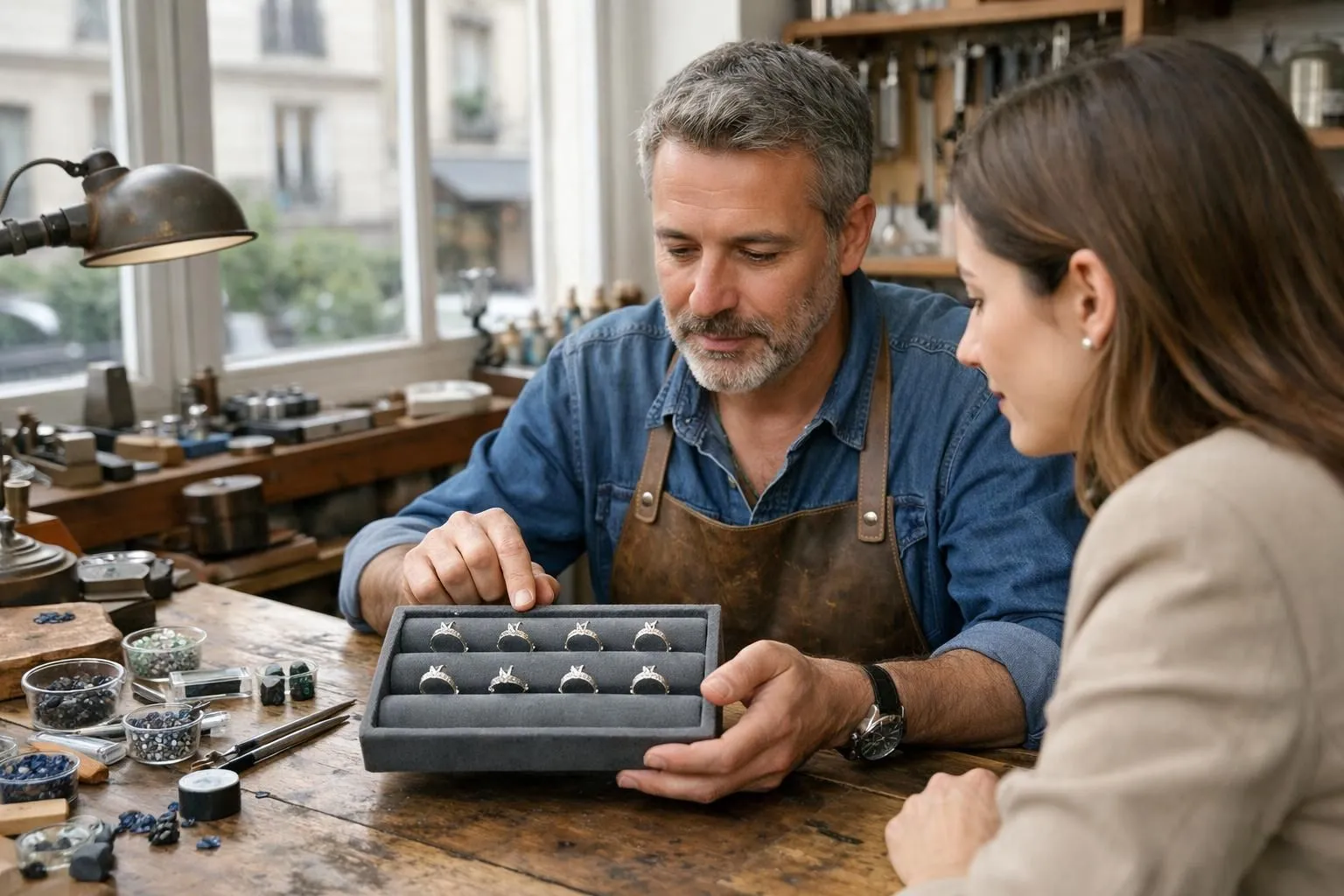 Parisian luxury jewelry atelier in Saint-Germain with master jeweler consulting client over custom engagement ring designs on velvet display, natural daylight through large windows, authentic workshop atmosphere with tools and precious stones visible