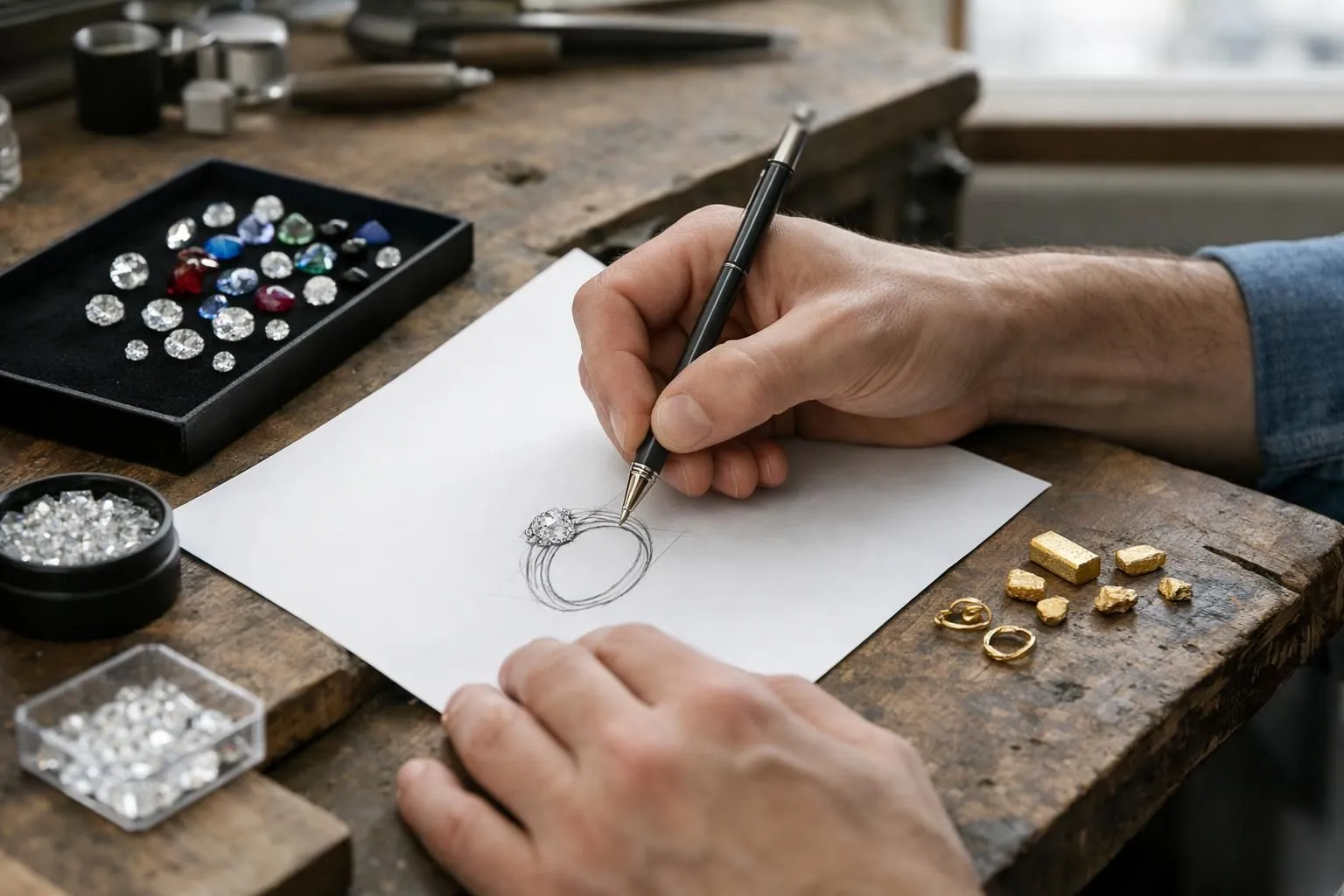 Close-up of jeweler's hands sketching elegant ring design on paper with colored gemstones and gold samples on wooden workbench in Parisian atelier, natural window light, professional craftsmanship atmosphere, no text or labels visible