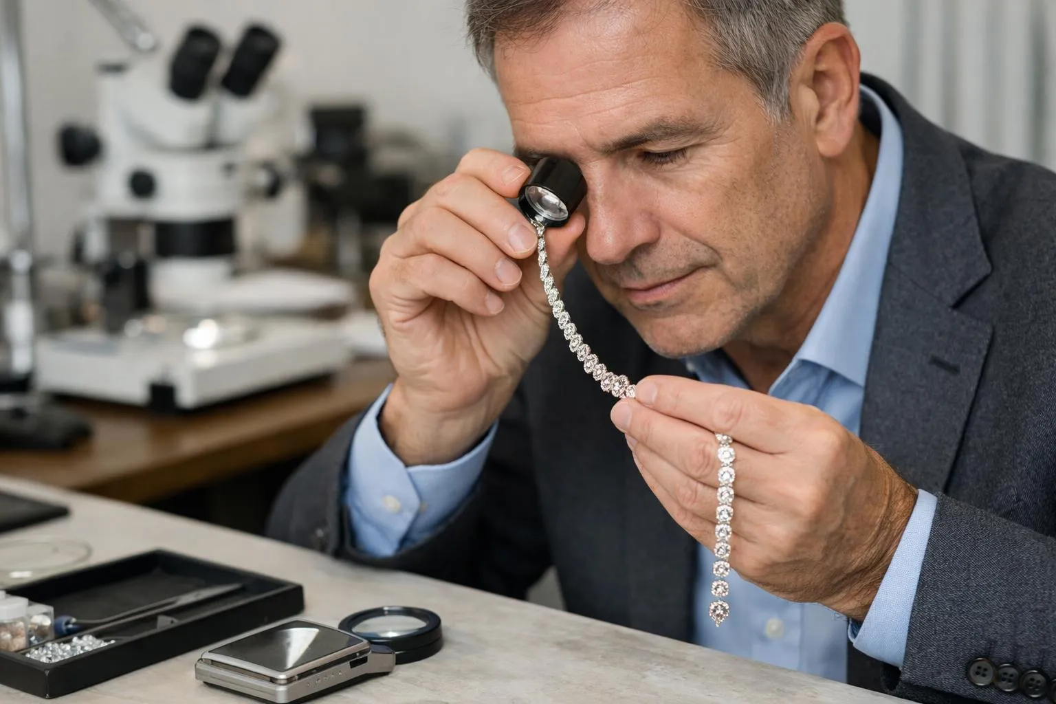Homme d'affaires examinant attentivement un bracelet en diamants.