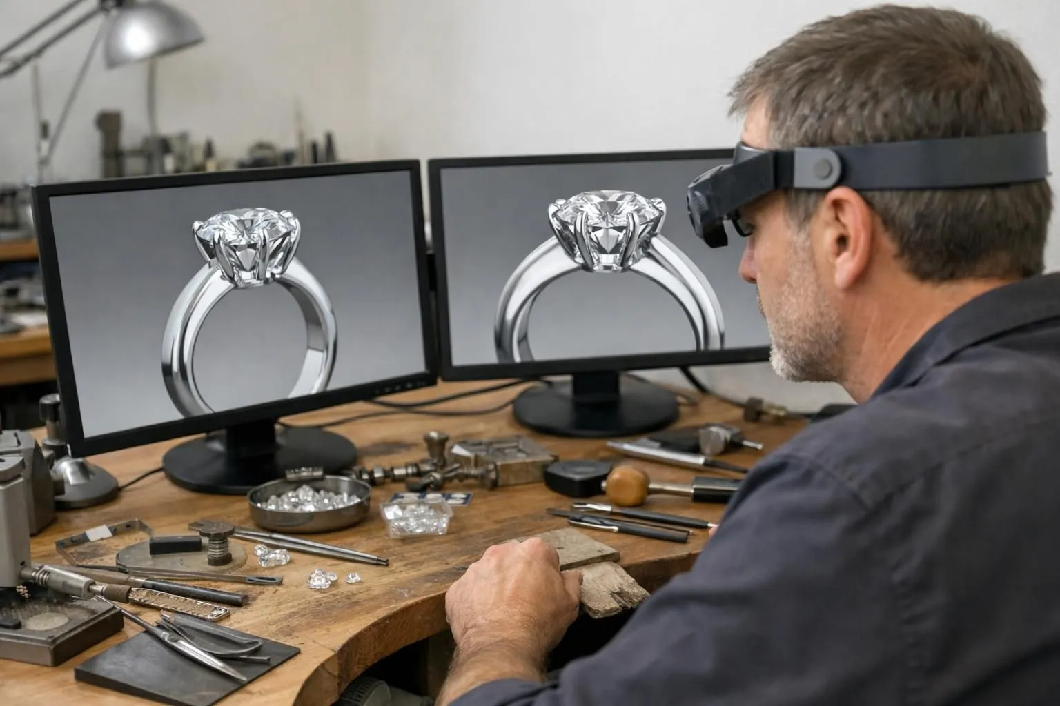 Joaillier concentré devant double écran affichant modèle 3D détaillé d'une bague solitaire diamant en rotation, avec outils traditionnels et pierres précieuses disposés sur établi en bois dans atelier lumineux aux murs clairs