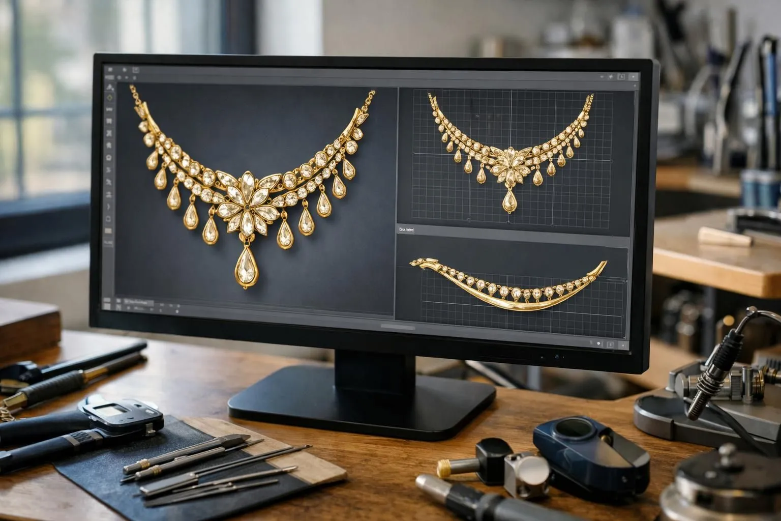 Vue rapprochée d'un écran d'ordinateur professionnel affichant plusieurs fenêtres de logiciel 3D montrant un collier en or à différentes étapes de modélisation, avec outils de design visibles et rendu photoréaliste, dans un atelier de joaillerie moderne avec lumière naturelle