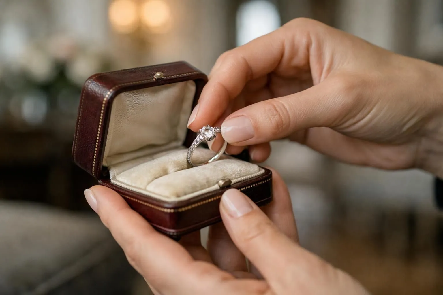 Close-up photorealistic image of elegant hands gently placing a luxury diamond ring inside a heritage jewelry box lined with velvet, warm lighting highlighting the craftsmanship and emotional gesture of gifting, sophisticated Parisian interior blurred in background