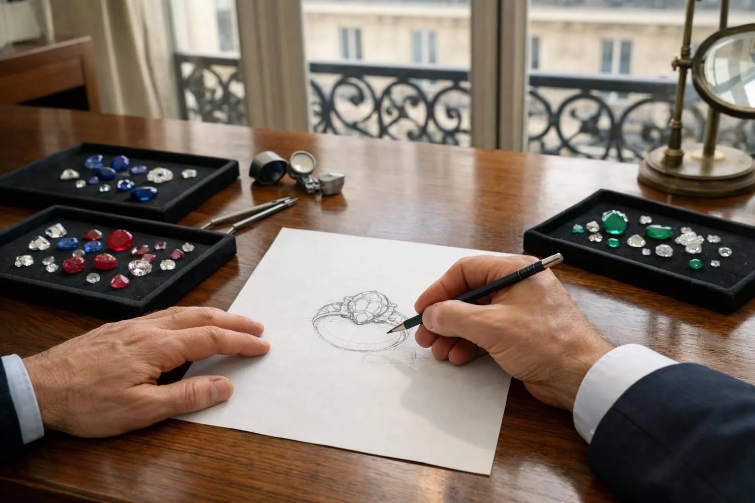 Close-up scene of a master jeweler's hands sketching a custom ring design on paper while consulting with an elegant client across a polished wooden desk, with loose precious stones (sapphires, diamonds) displayed on velvet trays beside them in a luxury Parisian atelier with natural window light, representing the personalized creation process for luxury jewelry gift ideas