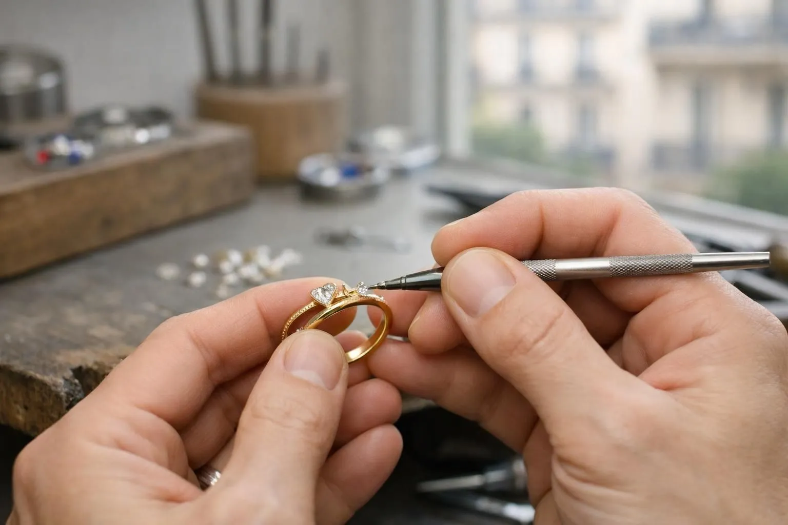 Close-up of skilled artisan hands carefully setting precious gemstones into an elegant gold ring setting in bright workshop of Paris 16th arrondissement luxury jewelry atelier with tools and materials on workbench