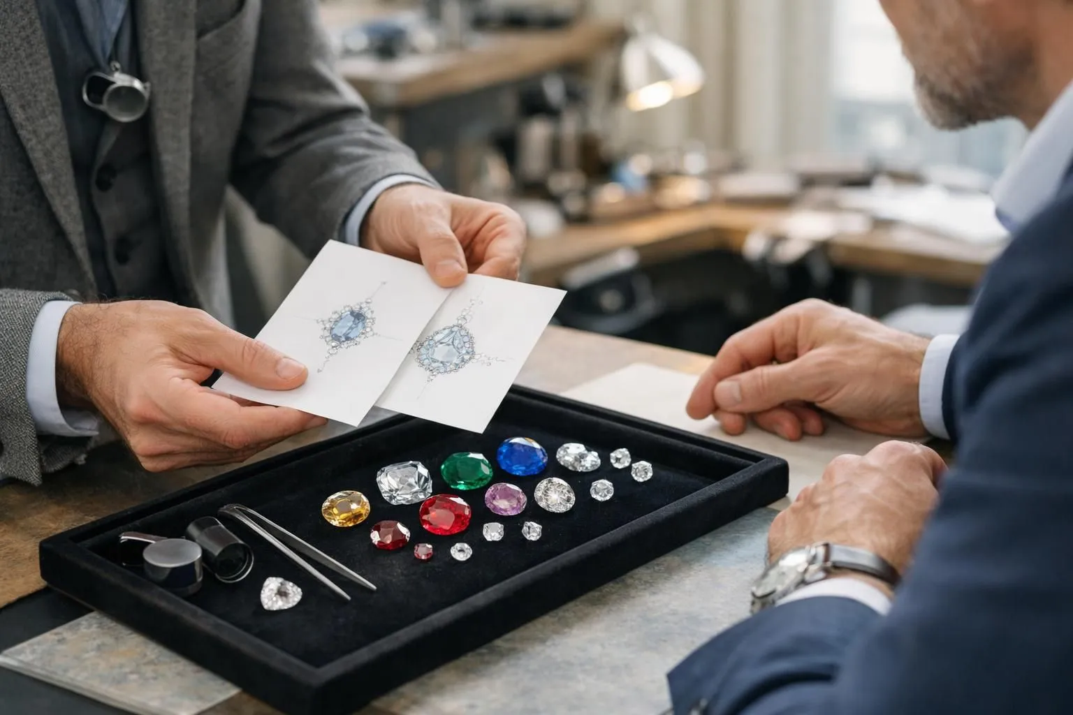 Elegant jewelry consultation scene in a refined Parisian atelier with a master jeweler presenting custom sketches and loose gemstones on a velvet tray to a sophisticated client, soft natural lighting highlighting craftsmanship details and precious materials