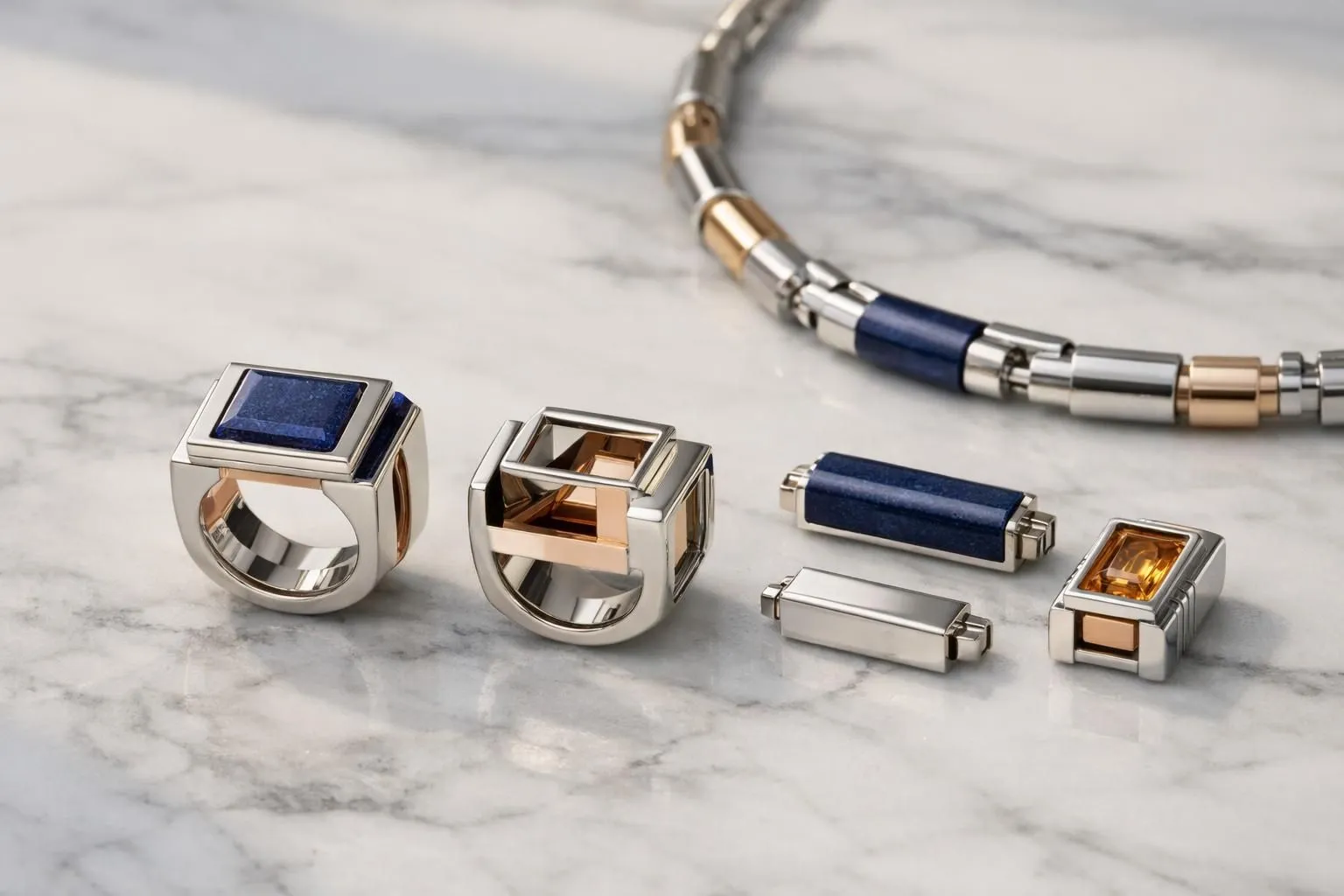 Close-up of elegant convertible luxury jewelry pieces with balanced architectural volumes, showing a reversible ring and modular necklace elements on textured marble surface with soft Parisian daylight, professional product photography showcasing innovative clasp mechanisms and versatile wear options
