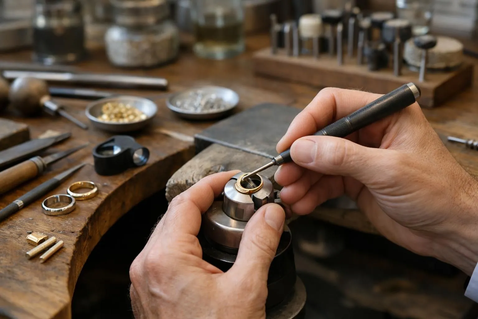Close-up of skilled Parisian jeweler's hands precisely crafting custom wedding bands on jeweler's bench with tools and precious metals, showcasing artisan expertise in luxury workshop setting with warm ambient lighting and focus on craftsmanship