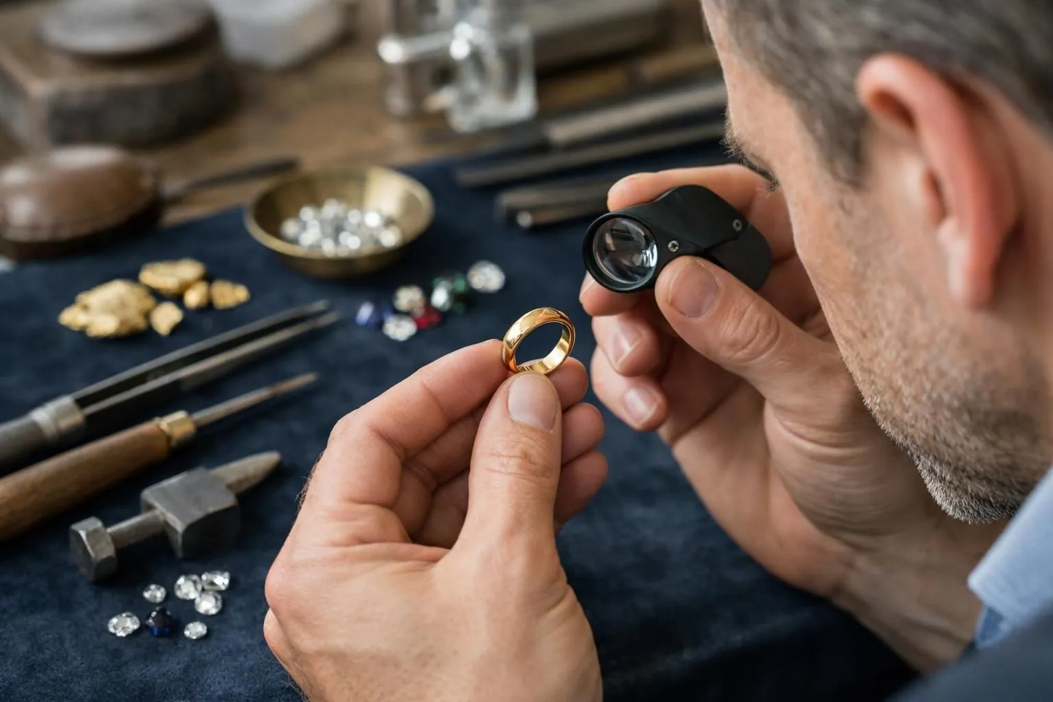 Close-up view of jeweler's hands examining intricate wedding band design under magnifying glass in elegant Parisian atelier workshop with gold working tools and precious metal materials on velvet surface