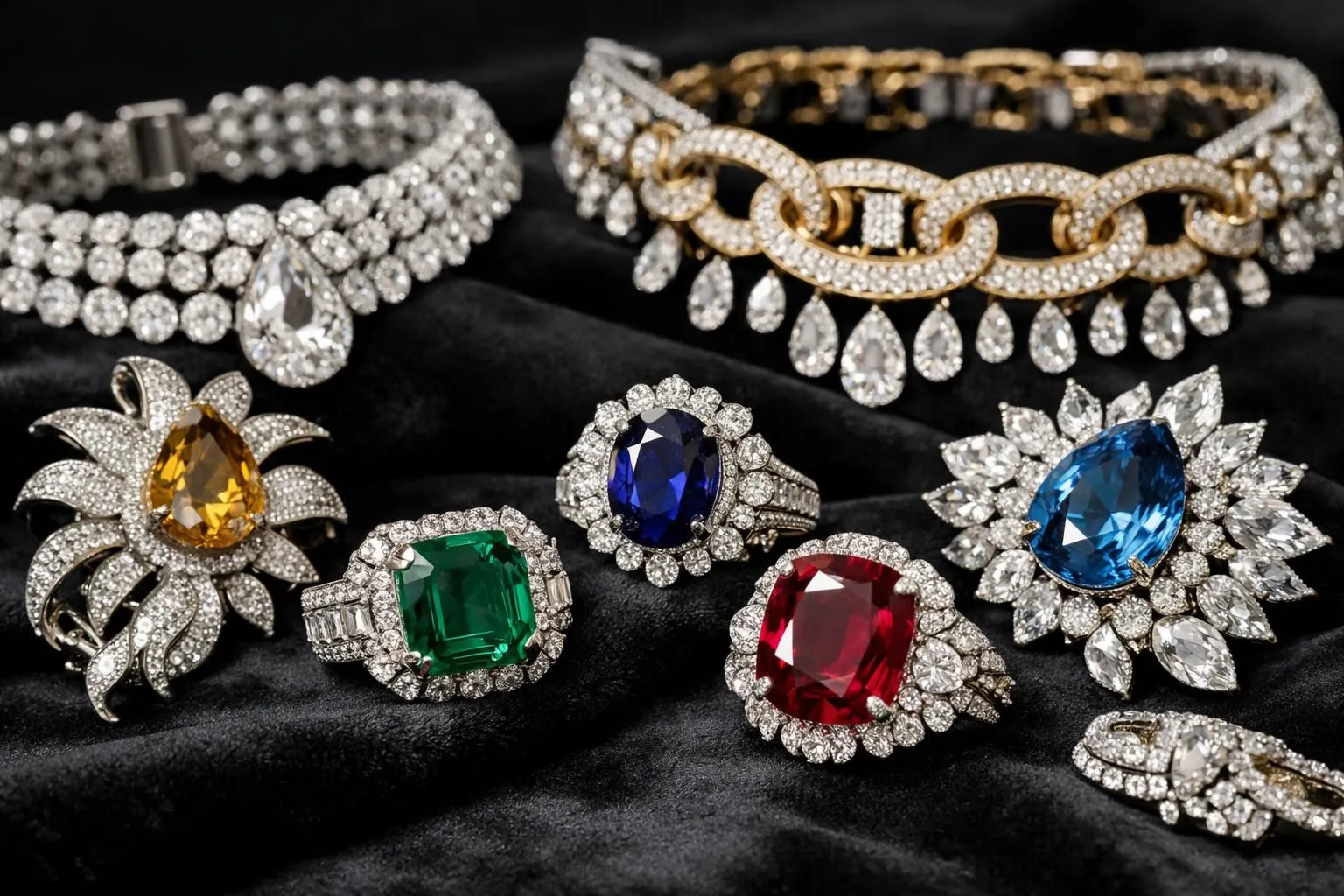 Luxurious jewelry collection displayed on black velvet surface showing oversized statement rings, bold choker necklaces, and sculptural brooches with dramatic gemstones, captured in elegant studio lighting with sophisticated composition reflecting 2026 maximalist jewelry trends