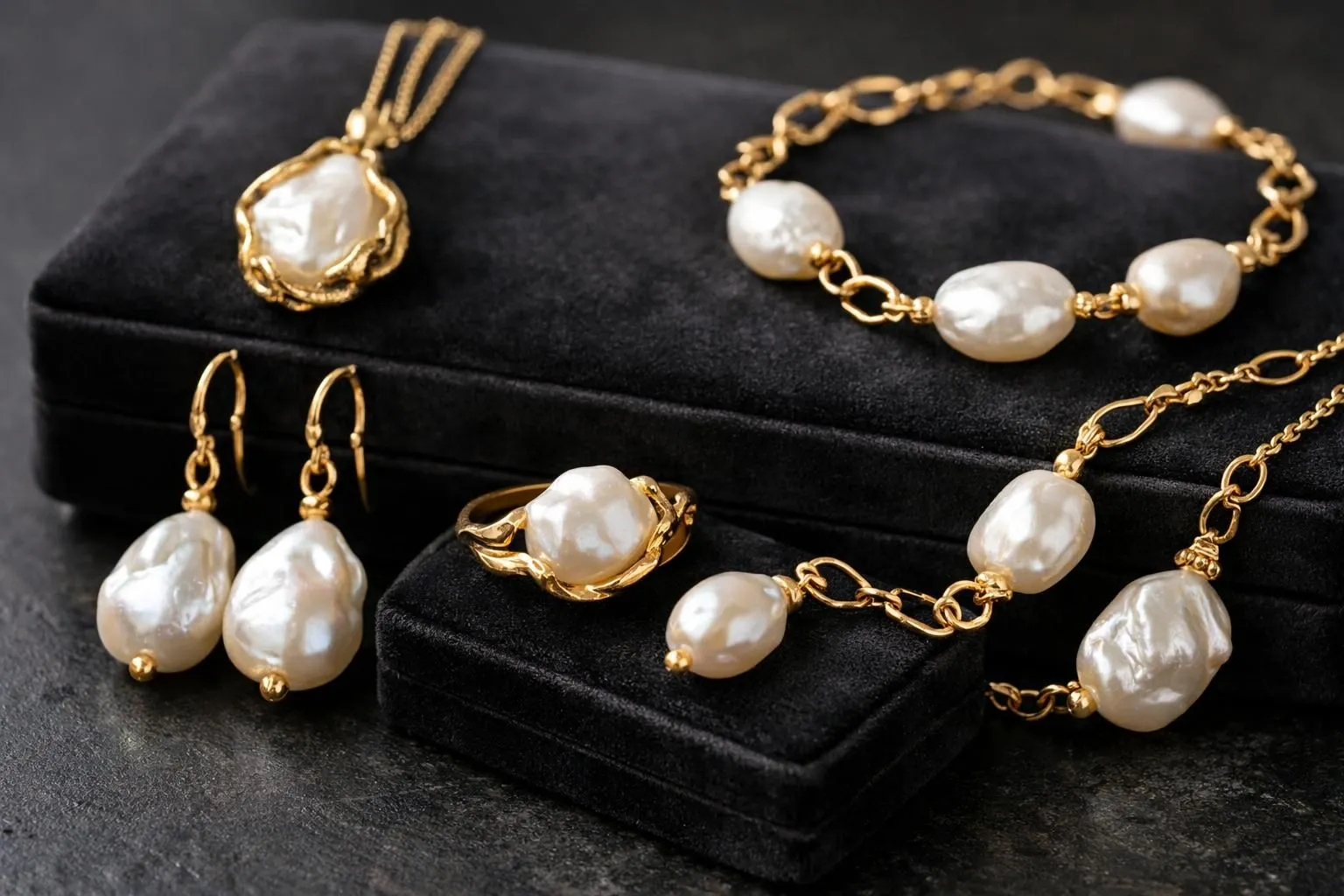 Elegant baroque pearls with irregular organic shapes set in modern 18k gold jewelry pieces, showcasing asymmetrical designs and mixed pearl sizes on luxurious dark velvet display