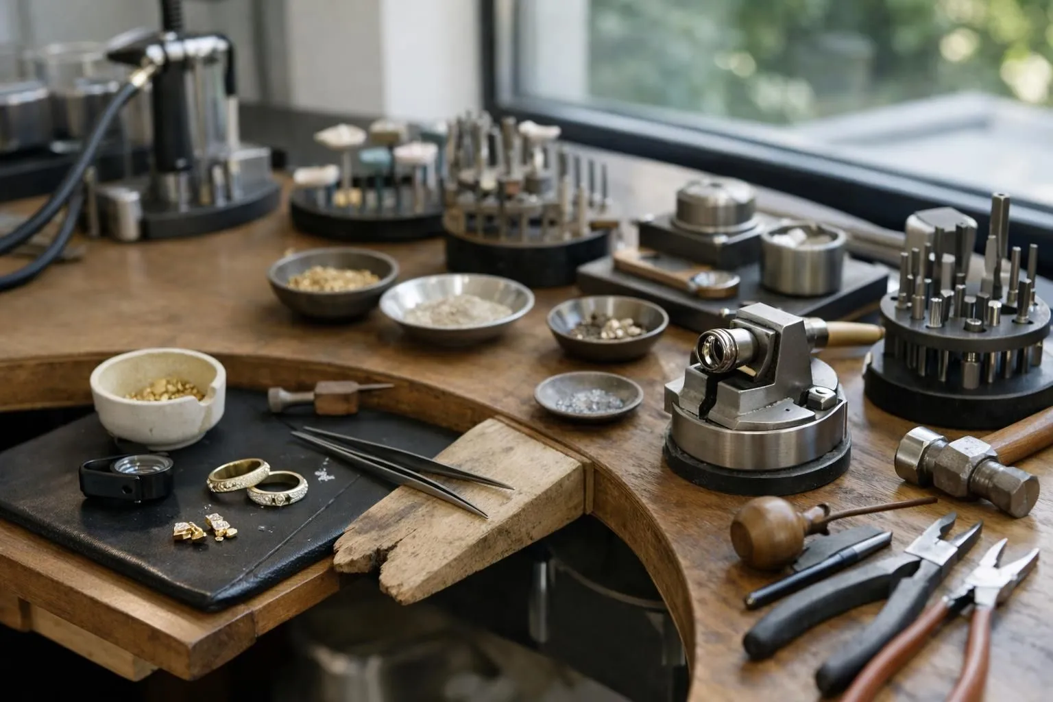 Master jeweler carefully examining and crafting custom wedding rings at workbench in elegant Boulogne-Billancourt atelier with precision tools, precious metals, and natural light highlighting craftsmanship
