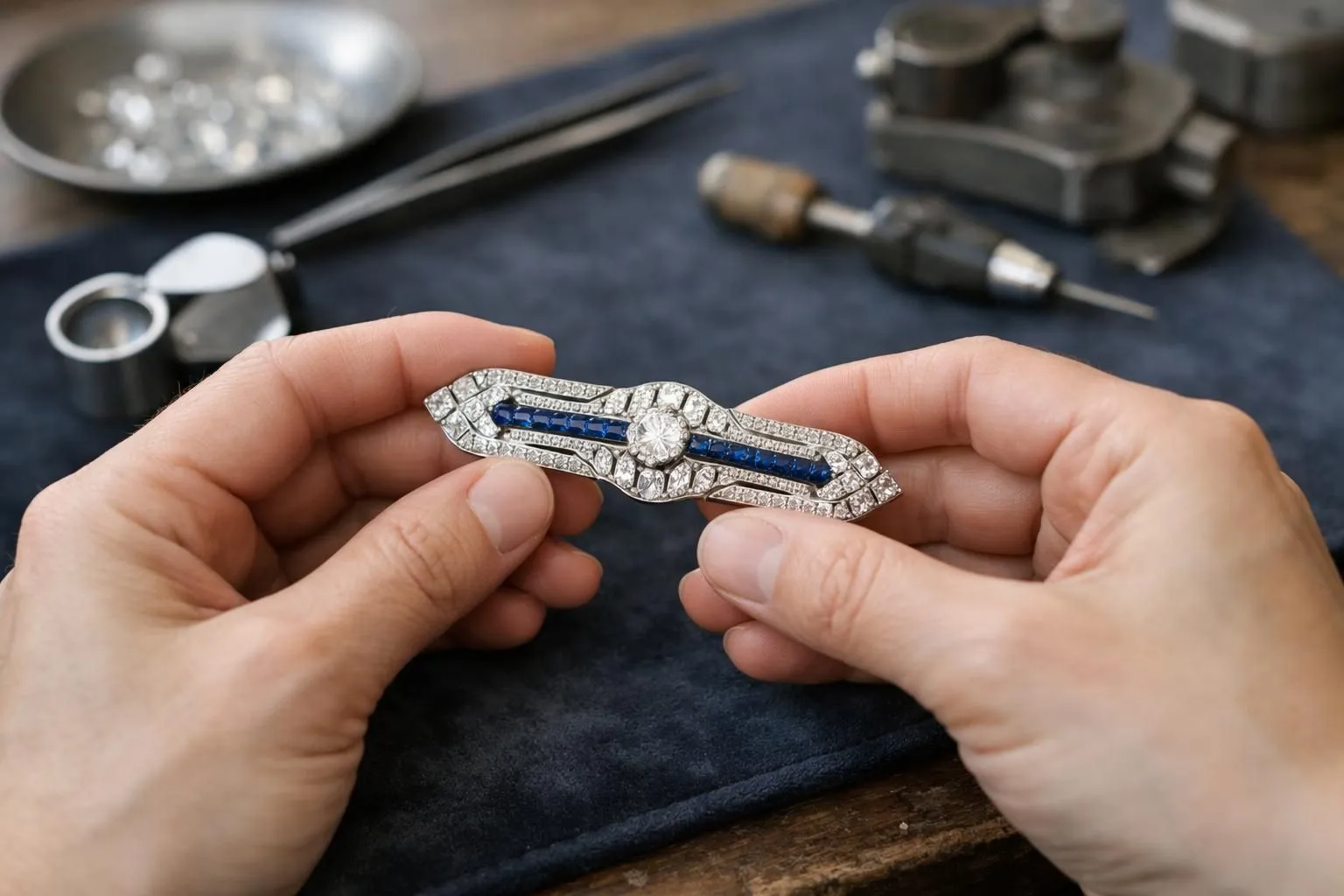 Close-up of jeweler's hands delicately examining an ornate vintage Art Deco brooch with diamonds and sapphires on a velvet work surface in a luxury Parisian atelier, professional tools visible, soft natural lighting highlighting the craftsmanship and gemstone details