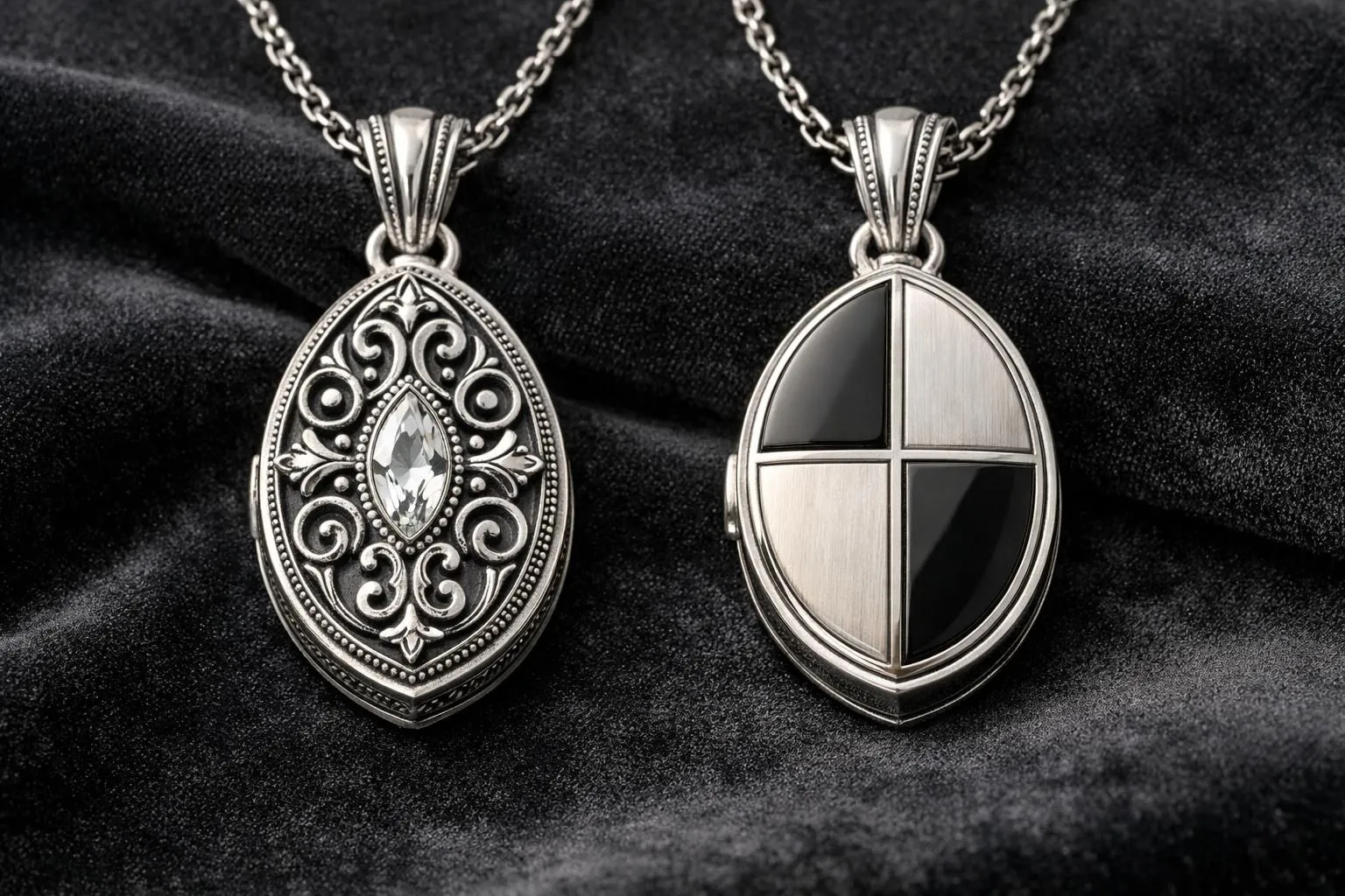 Close-up of an elegant reversible pendant jewelry piece displayed on a dark velvet surface, showing both ornate vintage face with intricate metalwork and clean contemporary side, photographed with professional studio lighting emphasizing the dual craftsmanship and luxury finish, no text or labels