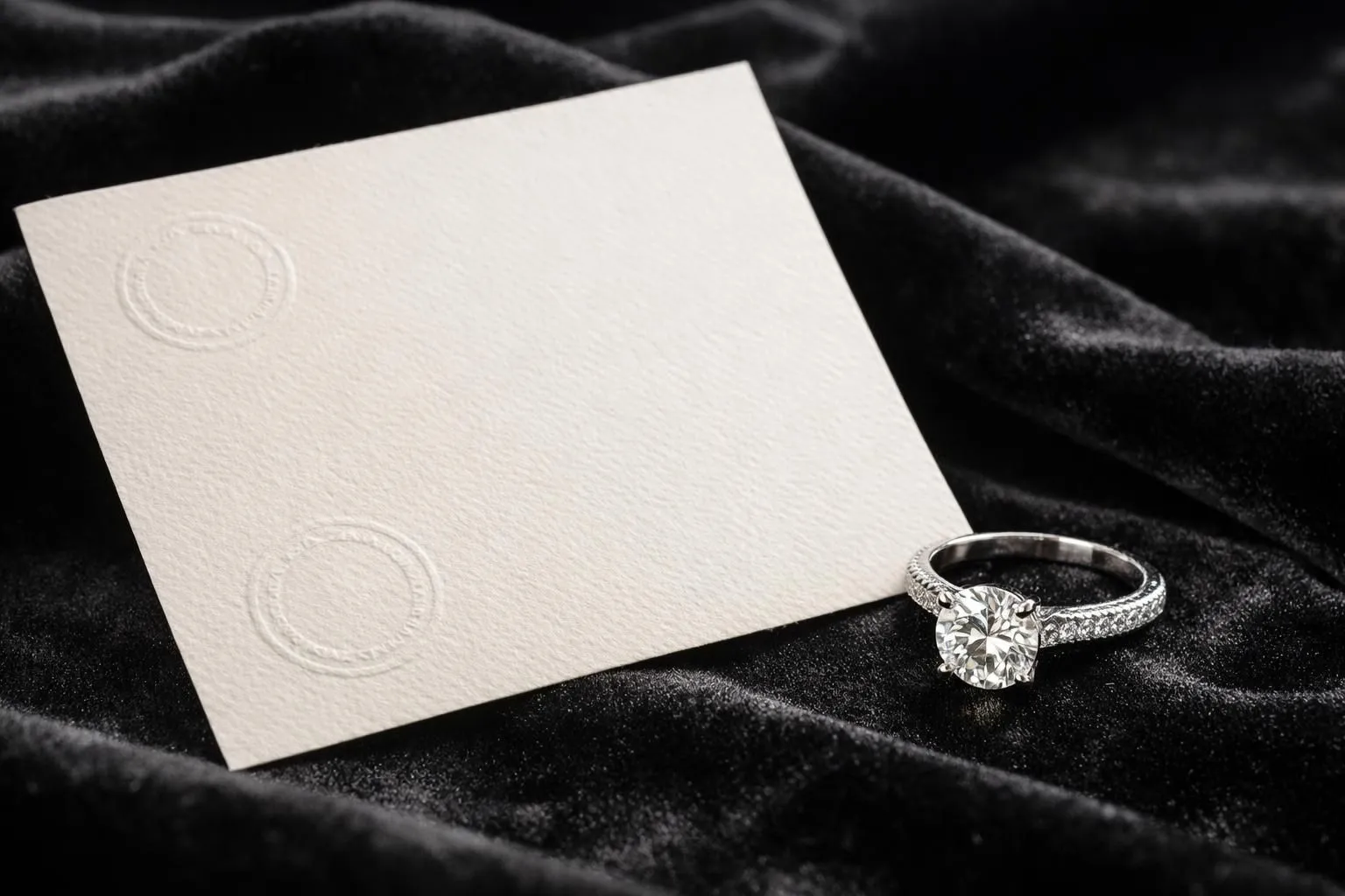 Close-up photograph of an official jewelry authentication certificate document placed next to a luxury diamond ring on dark velvet fabric, studio lighting highlighting the paper texture and gemstone brilliance, professional setting representing certification process in high-end jewelry