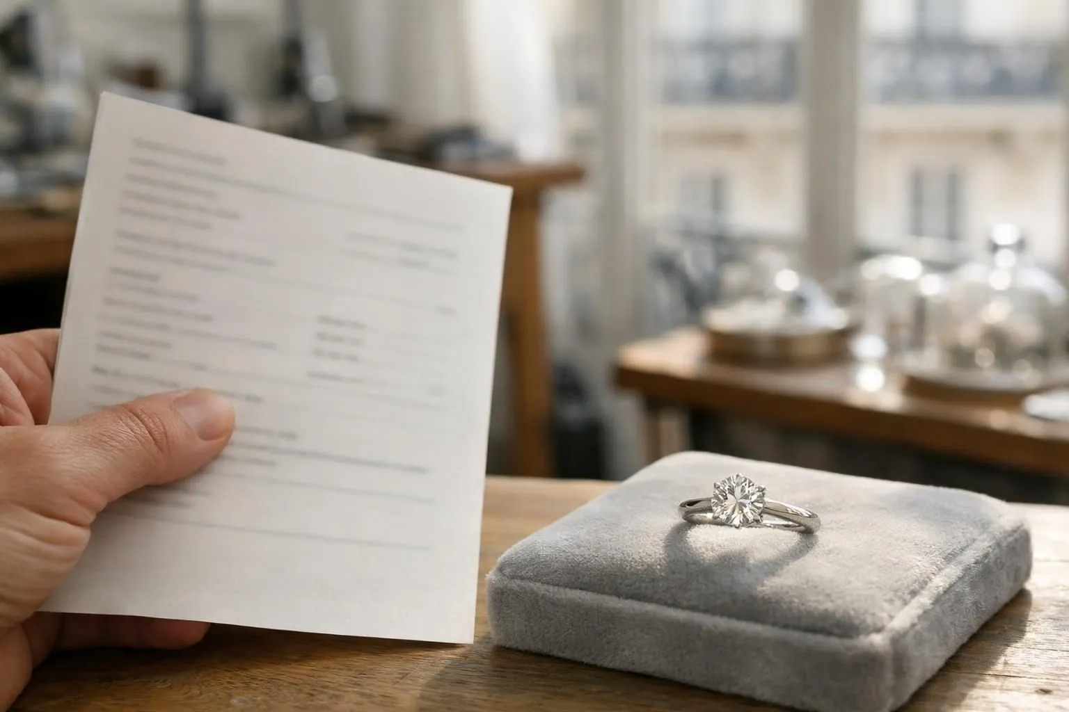Elegant jeweler's hand holding official authentication certificate next to sparkling diamond ring on velvet surface in luxury Parisian atelier, warm lighting highlighting document details and gemstone brilliance