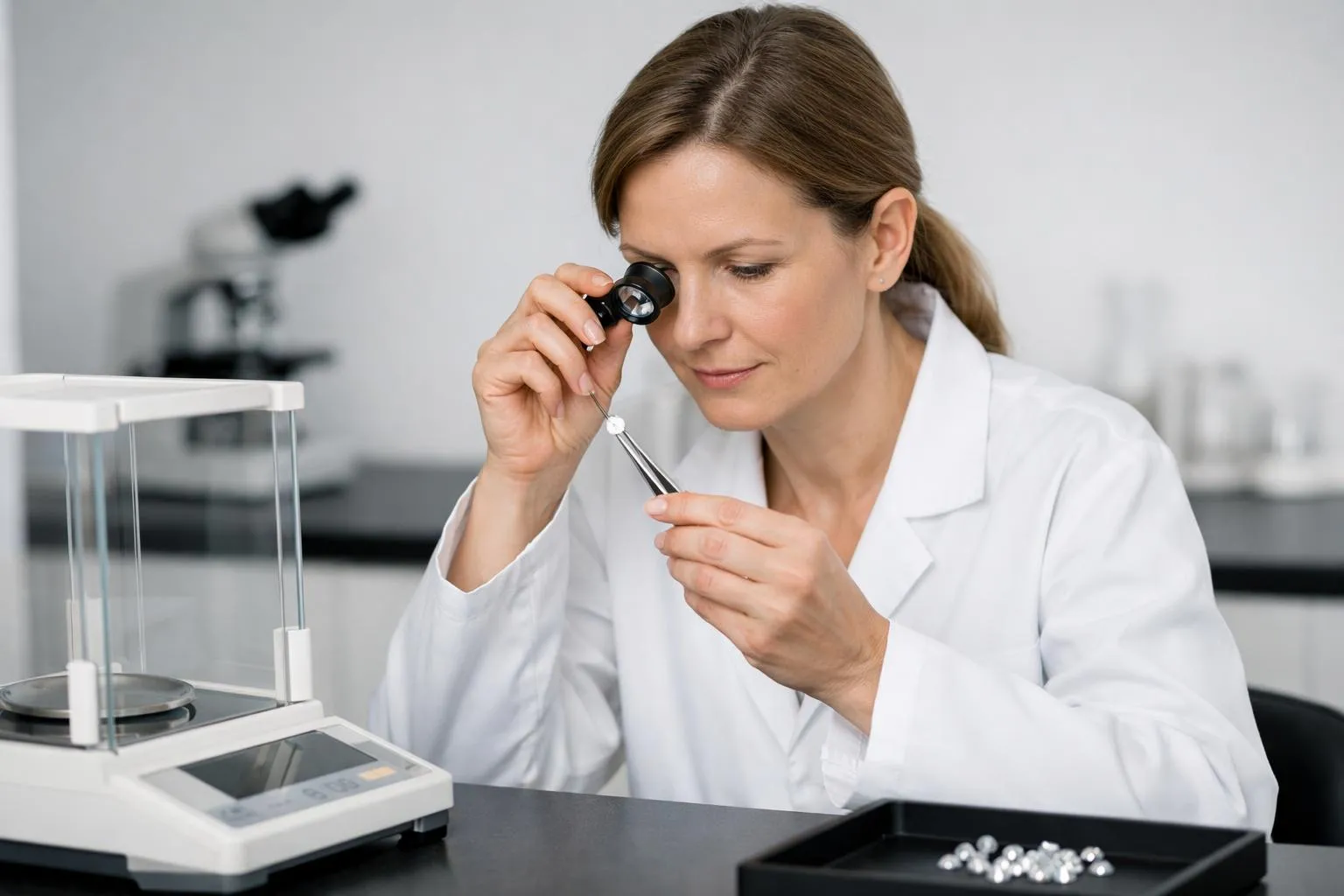 Expert gemmologue en blouse blanche examinant un diamant taillé brillant sous loupe binoculaire professionnelle dans laboratoire moderne avec balance de précision et certificat sur table en marbre blanc