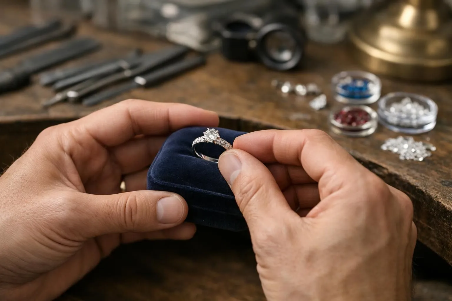 Close-up of a jeweler's hands carefully setting a brilliant diamond into a delicate platinum ring setting on a velvet cushion in a luxury Parisian atelier, with precision tools and other gemstones visible on the workbench, warm natural lighting highlighting the craftsmanship
