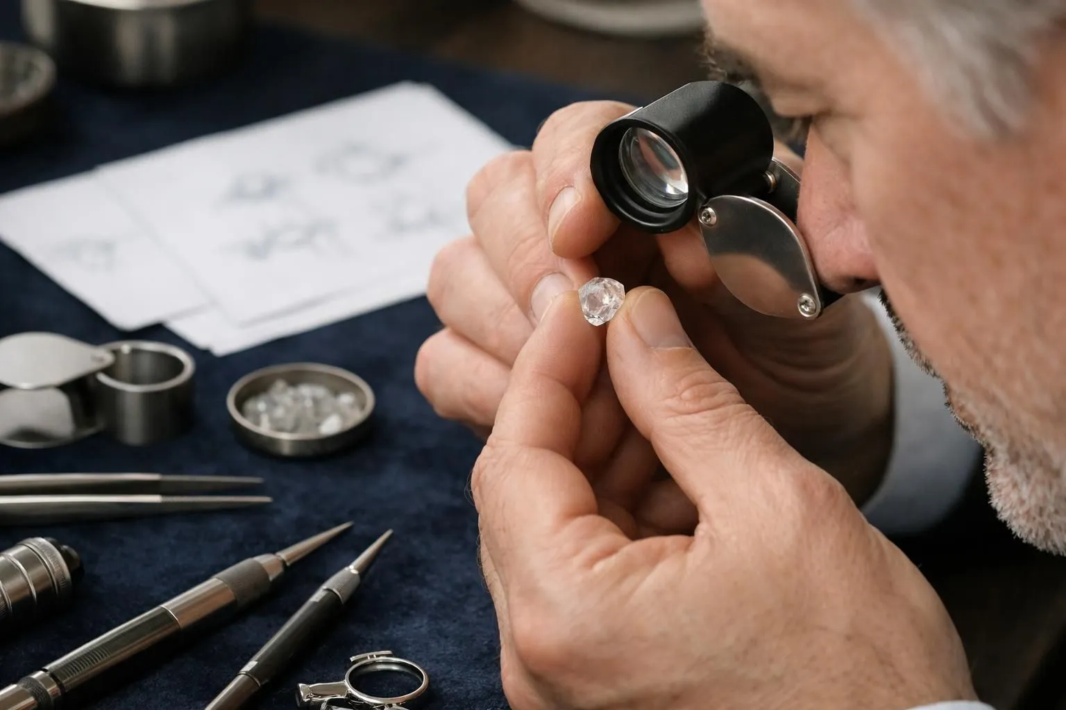 Close-up of a master jeweler examining a loose diamond with professional loupe, surrounded by design sketches and precision tools on a velvet work surface in a luxury atelier, showing the careful selection process for custom engagement ring creation