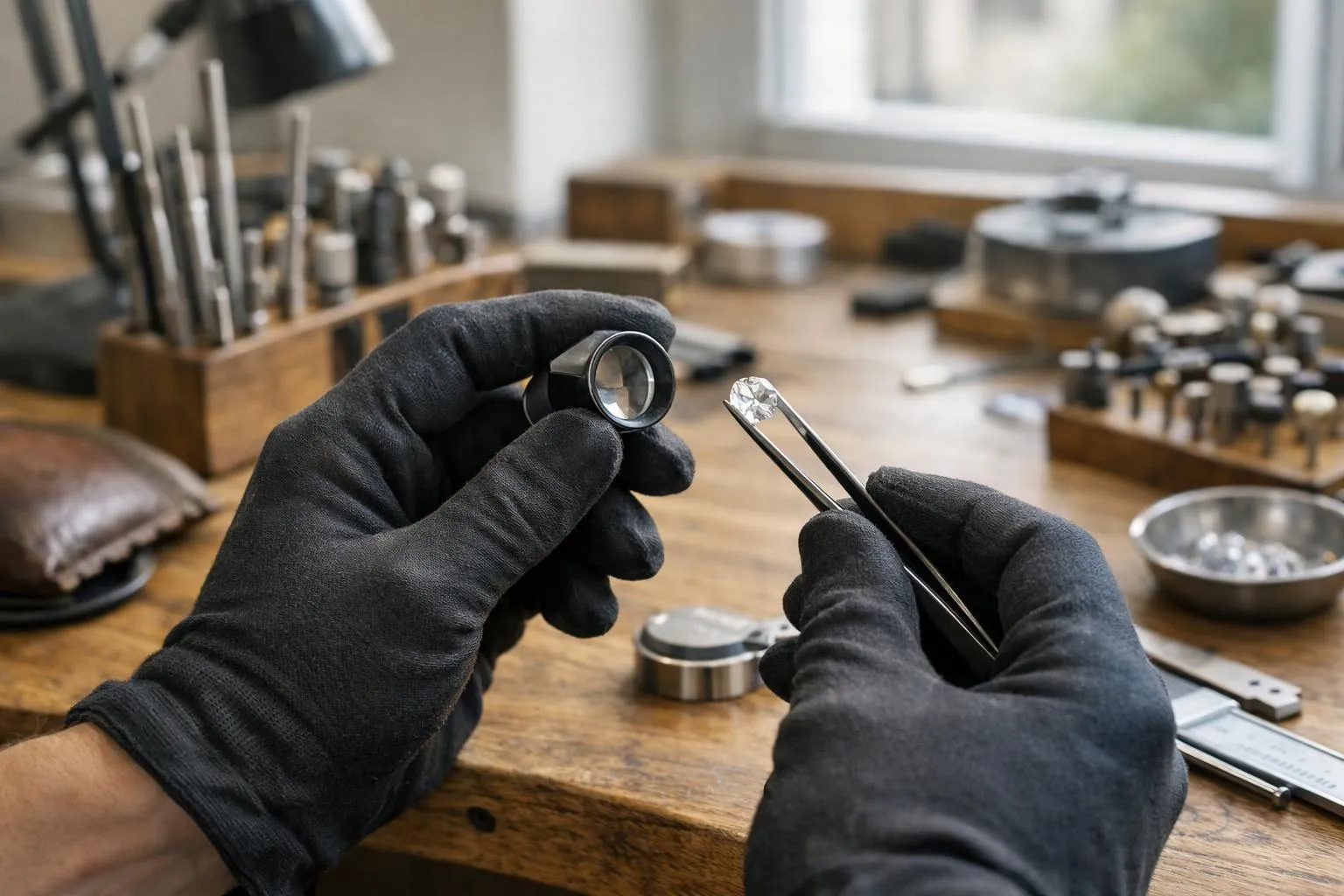 Mains gantées examinant attentivement un diamant sur un établi encombré.