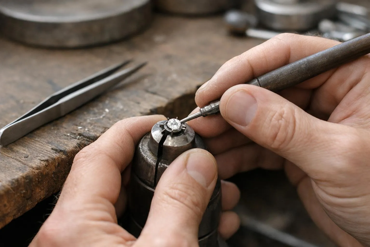 Mains travaillant sur la fabrication d'un bijou avec un diamant.