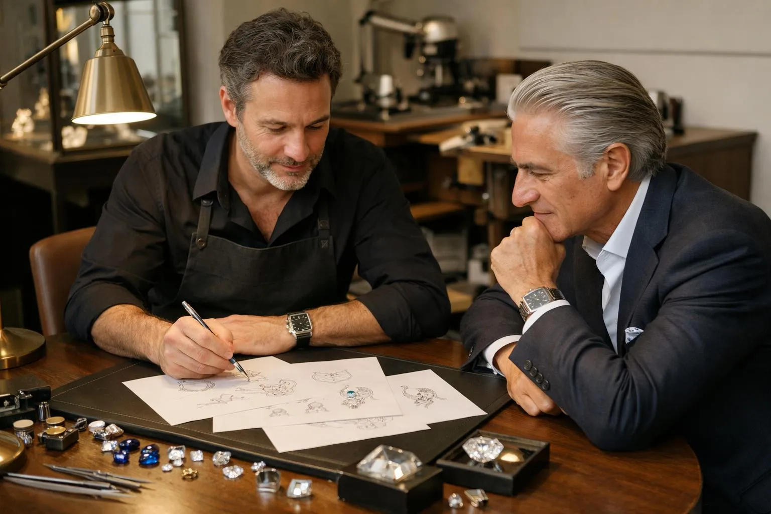 Deux hommes d'affaires discutent et examinent des croquis de bijoux sur un bureau.