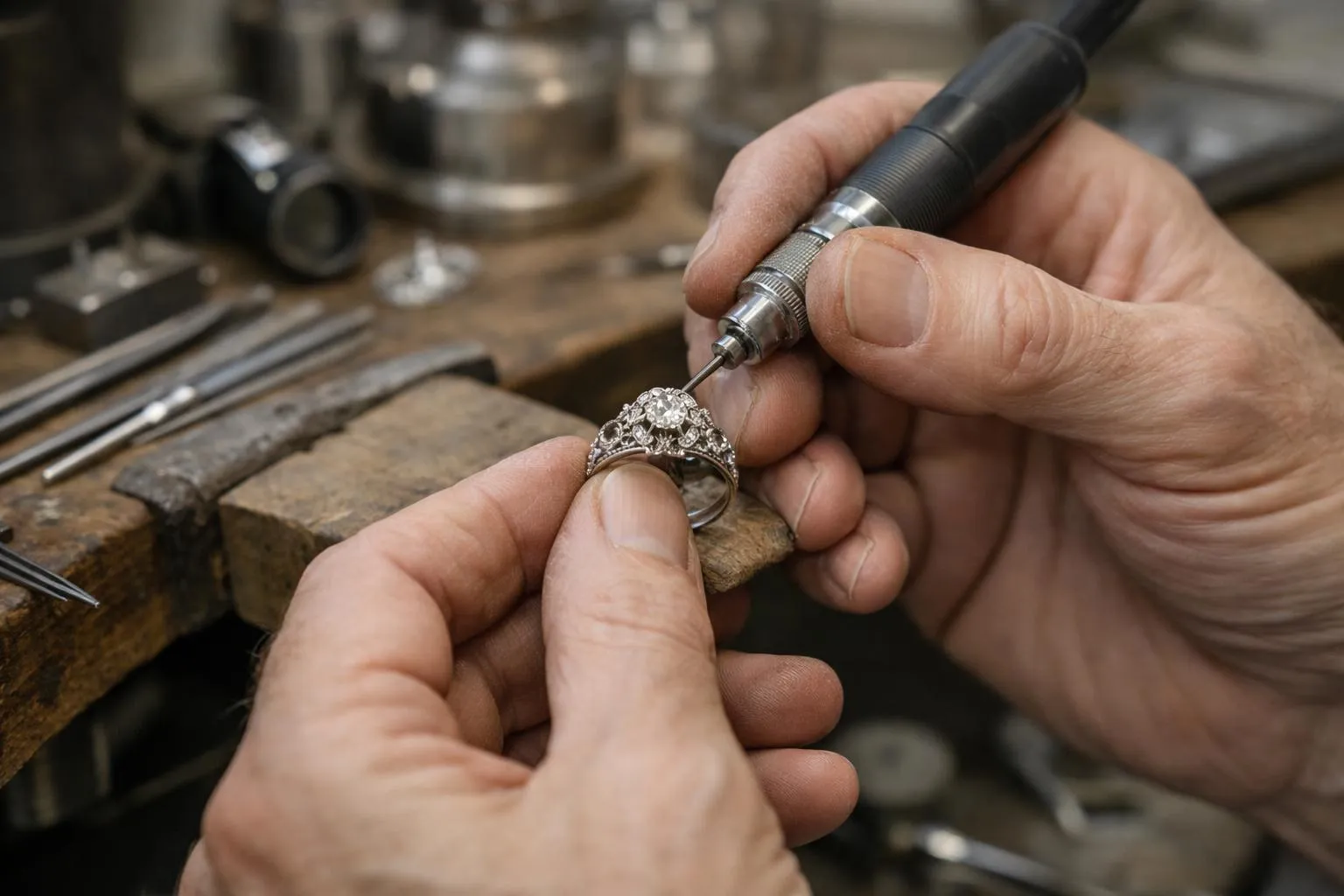 Réparation d'un anneau de fiançailles en atelier de joaillerie.