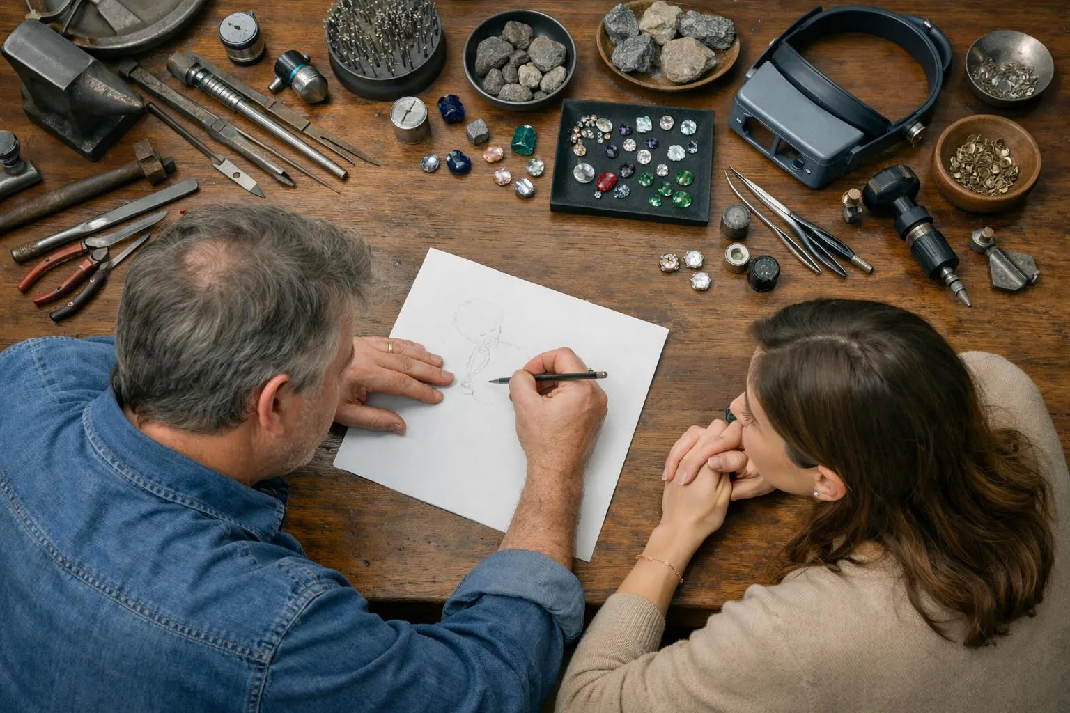 Un homme et une femme travaillent ensemble sur un dessin dans un atelier d'artisanat.