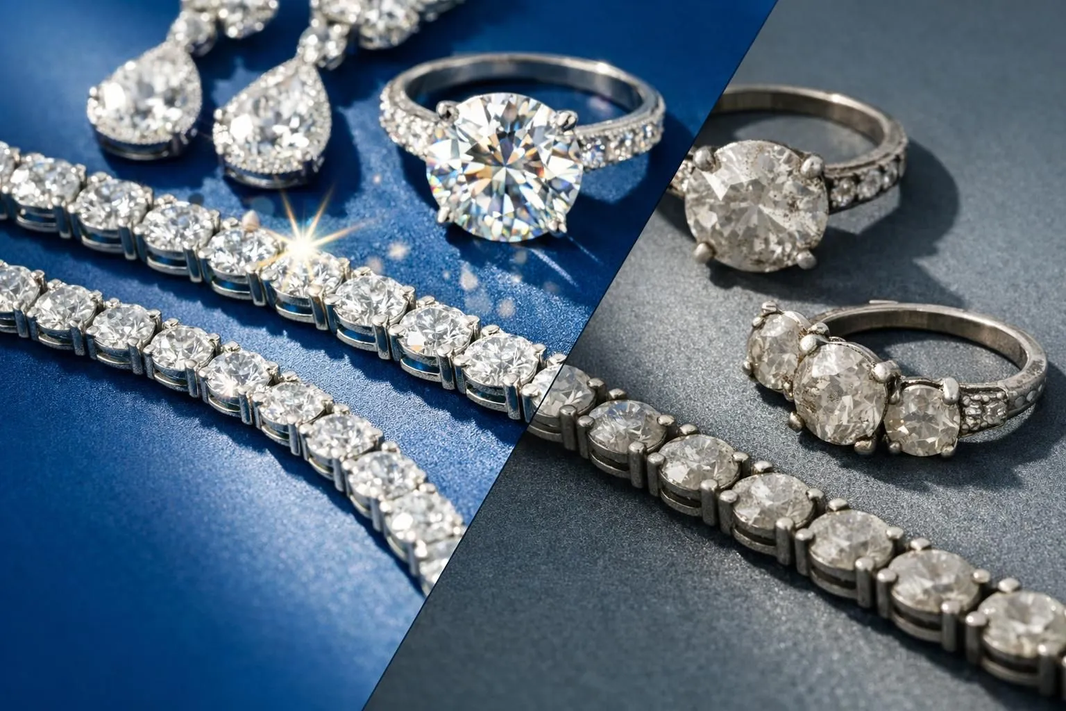 Split-view comparison showing a sparkling clean diamond ring on one side and a dull diamond ring with visible residue buildup on the other side, luxury jewelry photography with dramatic lighting highlighting the contrast in brilliance