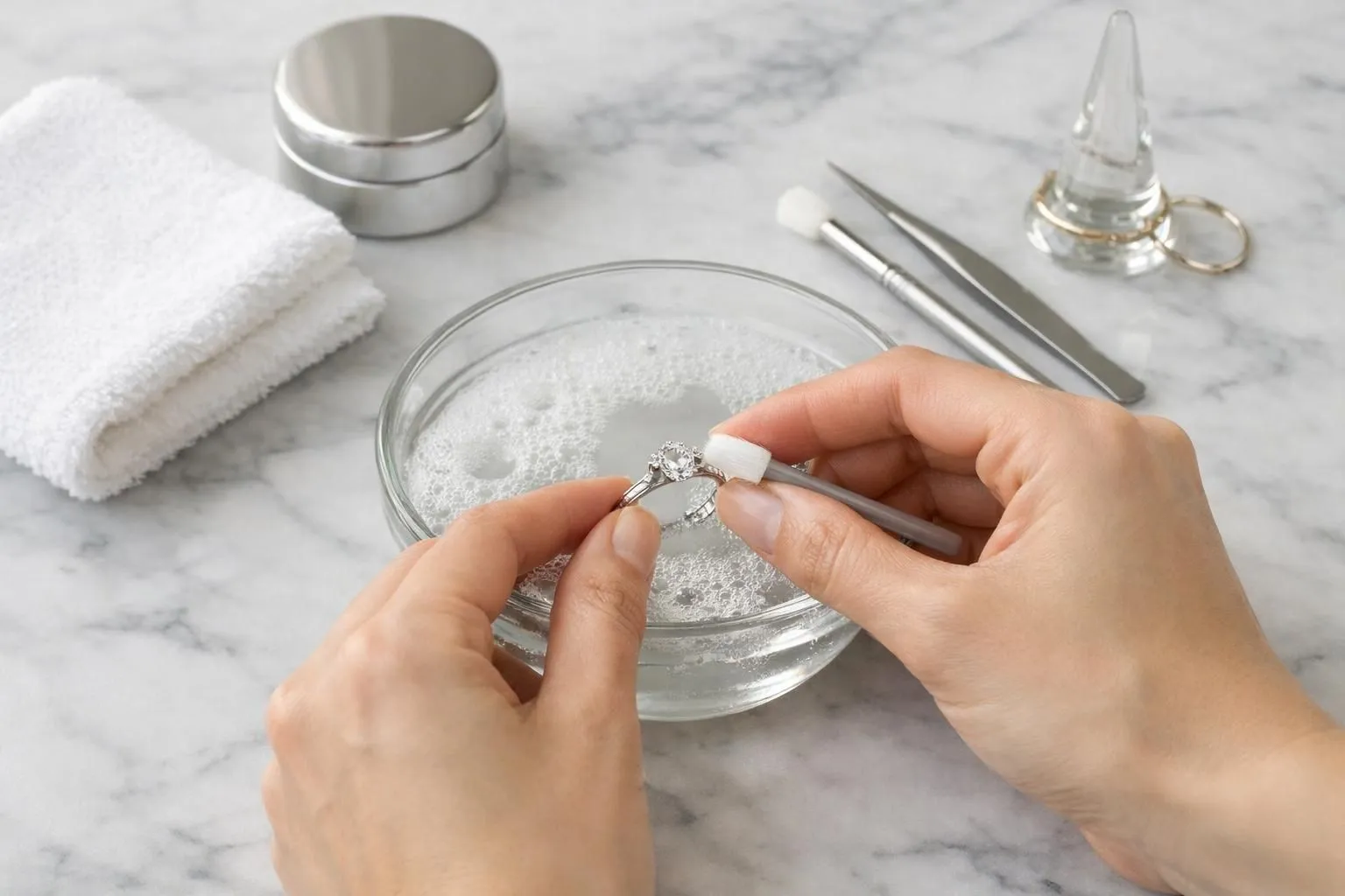 Flat lay photograph of luxury jewelry cleaning tools arranged on white marble surface: soft natural bristle brush, lint-free microfiber cloths in white, clear glass bowl with warm soapy water, and diamond ring being gently cleaned, shot in natural daylight with elegant professional styling