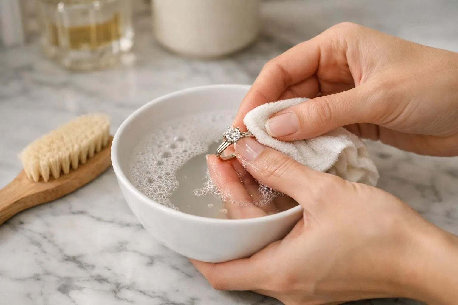 Close-up of elegant hands gently cleaning a diamond engagement ring in a white porcelain bowl filled with soapy water, soft natural lighting, luxury marble countertop, soft-bristled brush nearby, sophisticated bathroom setting