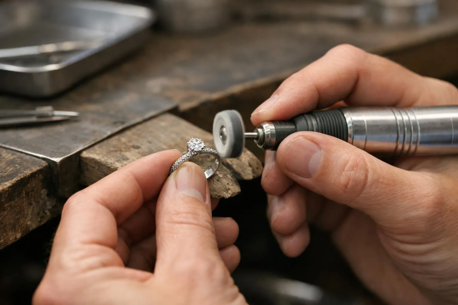 Un joaillier habile polit délicatement une bague de fiançailles en diamant sur un établi professionnel avec des outils de précision, sous un éclairage studio chaleureux mettant en valeur son savoir-faire et son expertise dans l'entretien de bijoux de luxe.