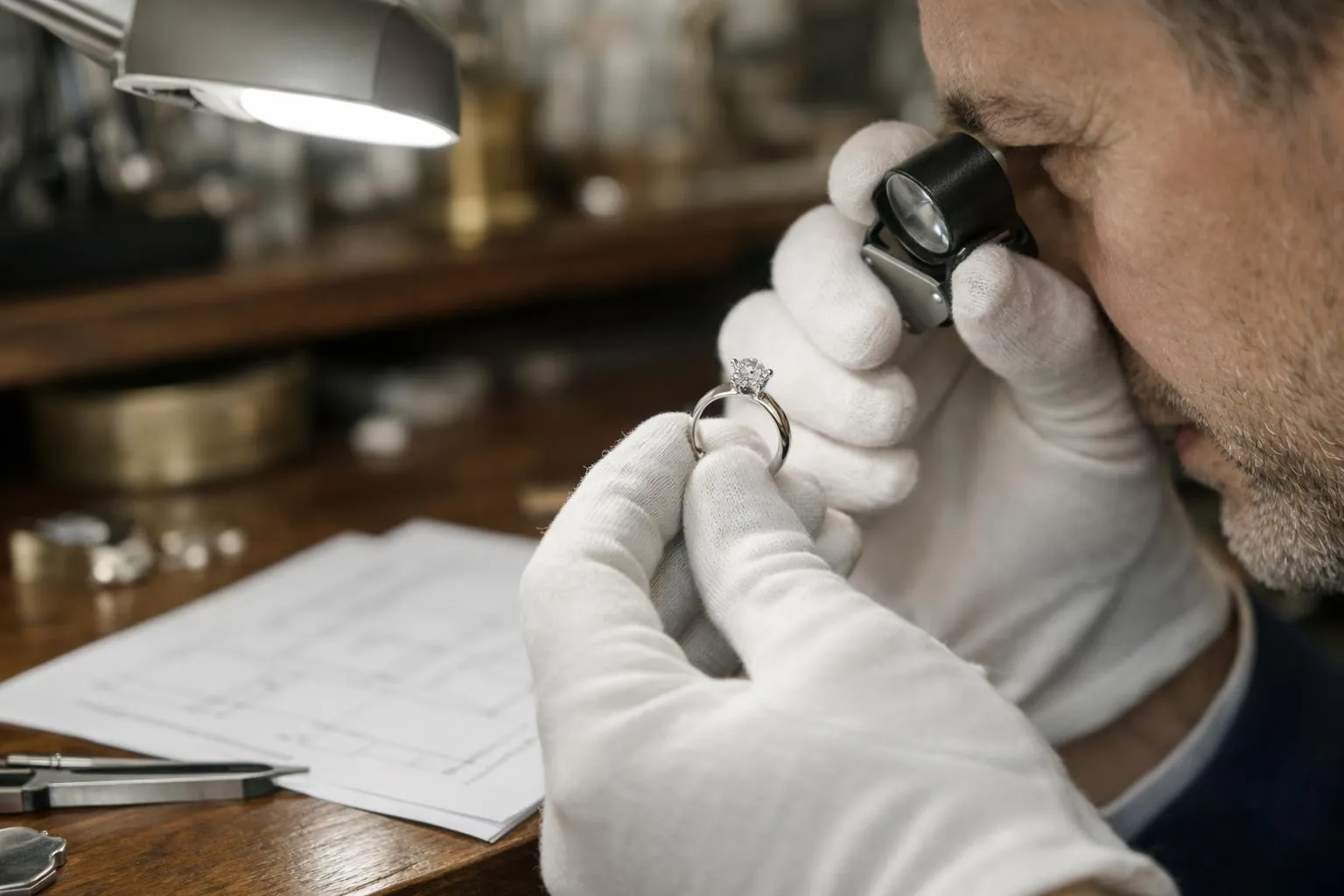 Joaillier professionnel en gants blancs inspectant soigneusement une bague de fiançailles avec une loupe de précision sous une lumière d'examen vive dans un atelier parisien de luxe, avec des documents d'entretien et des formulaires de certificat visibles sur le bureau, représentant le