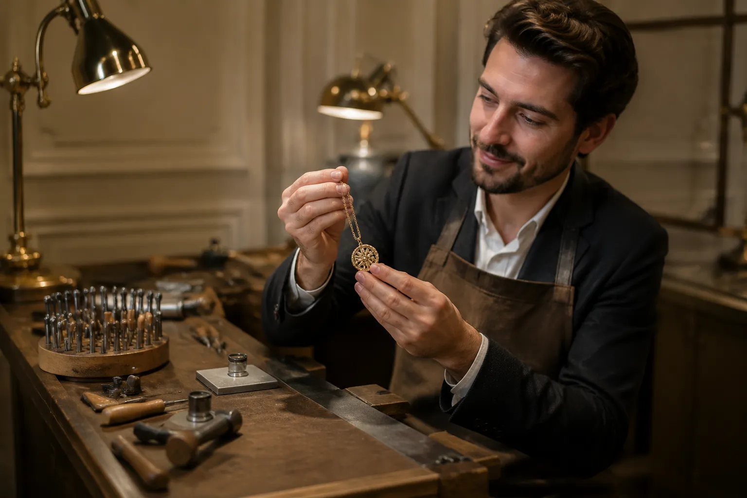 Homme en costume examinant attentivement un bijou dans son atelier.