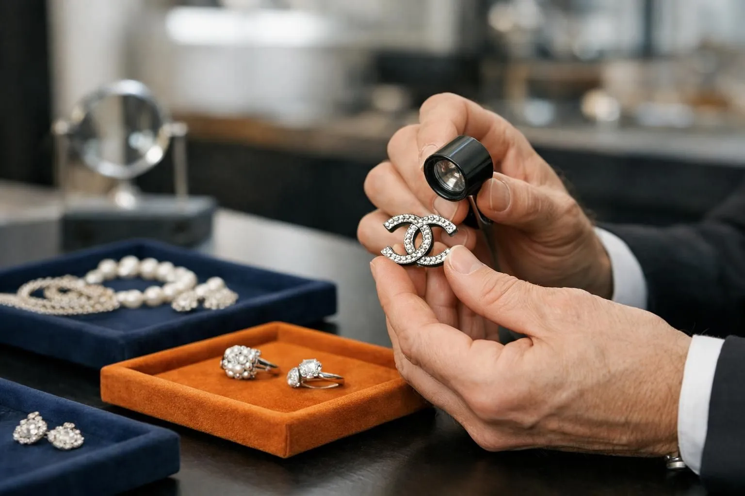 Professional jeweler's hands carefully examining vintage Chanel jewelry piece with magnifying loupe in luxurious Parisian atelier with velvet presentation trays
