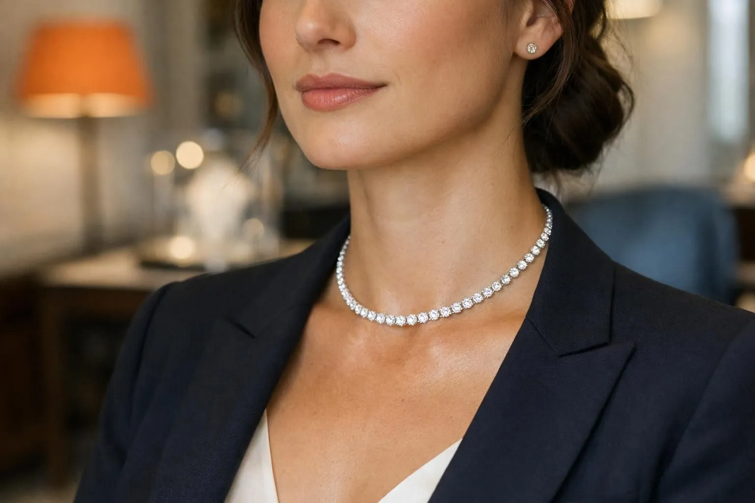 Refined close-up of a diamond choker necklace worn by an elegant woman in a Parisian luxury jewelry boutique setting, showcasing the delicate sparkle of diamonds against skin, soft natural window lighting highlighting the craftsmanship