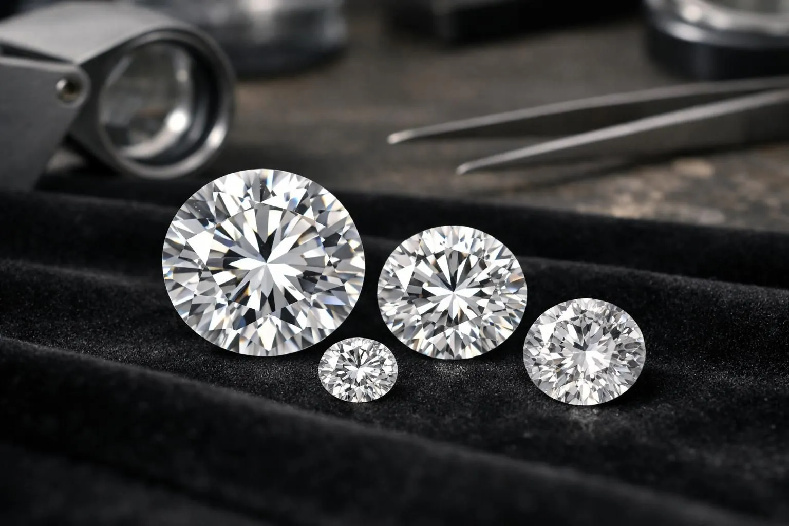 Close-up of four brilliant-cut diamonds of different sizes and quality grades arranged on black velvet in professional jewelry workshop, with precision lighting highlighting facets and clarity differences, gemological tools visible in background, luxury jewelry setting