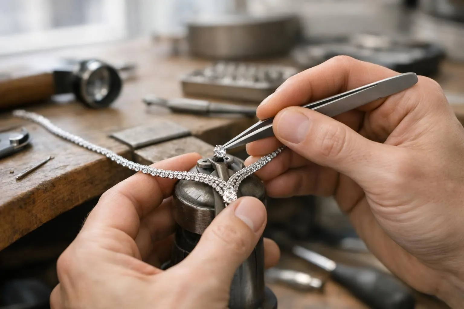 Close-up of jeweler's hands precisely setting a small diamond in white gold collar necklace using magnification headset, precision tools on workbench, focused craftsmanship in Parisian atelier environment with natural lighting