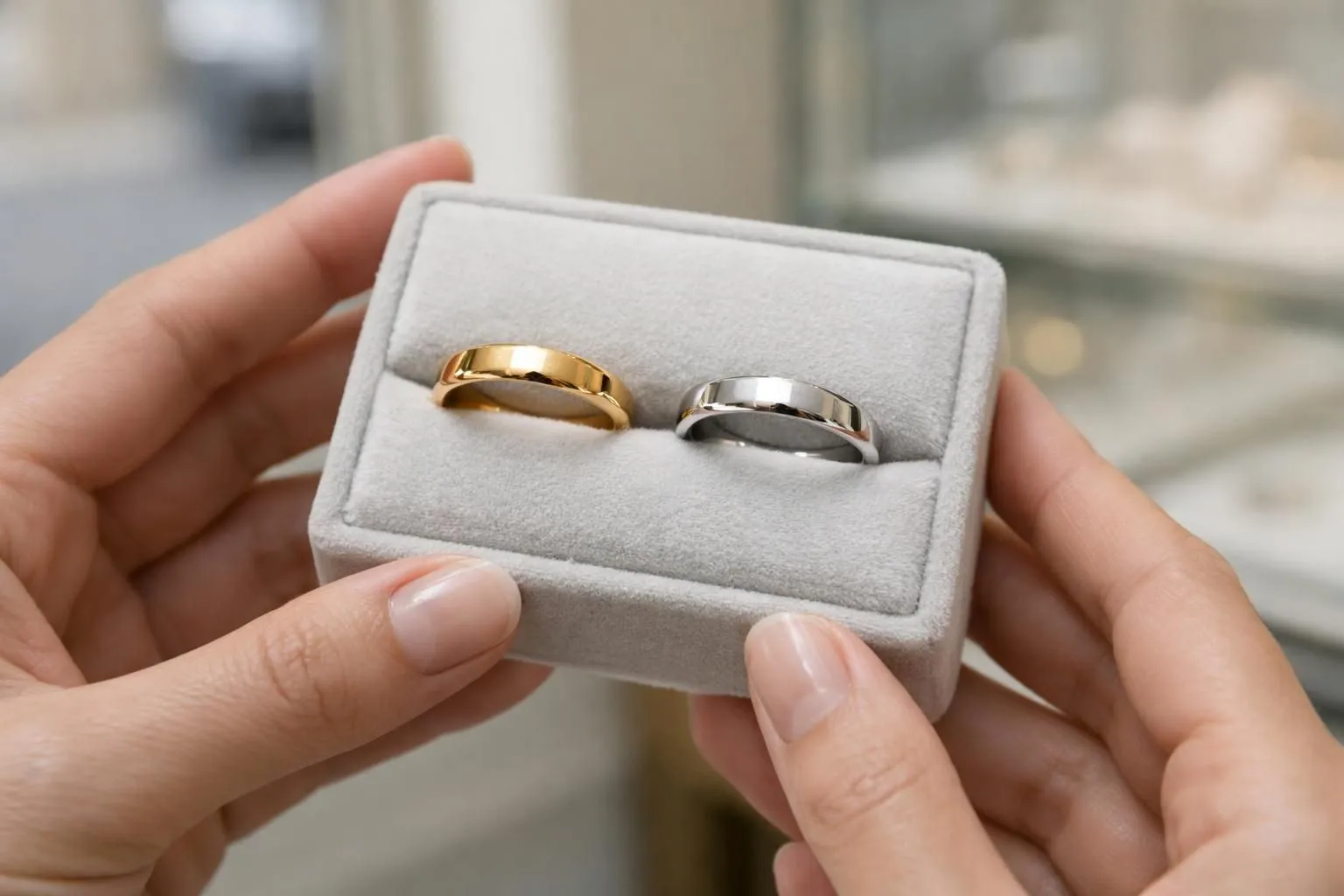 Close-up of elegant hands displaying both platinum and gold wedding rings side by side on velvet jewelry display, luxury Parisian boutique setting with soft natural lighting, refined professional photograph showing metal textures and ring details