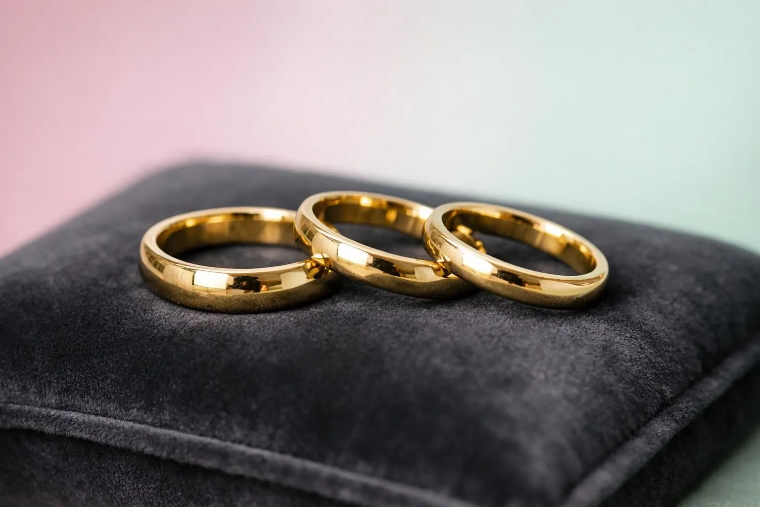 Elegant trio of wedding rings displayed on dark velvet cushion showing yellow gold band with warm patina, white gold band with brilliant polish, and rose gold band with delicate pink hue, professional jewelry photography with soft spotlighting highlighting metal textures and craftsmanship