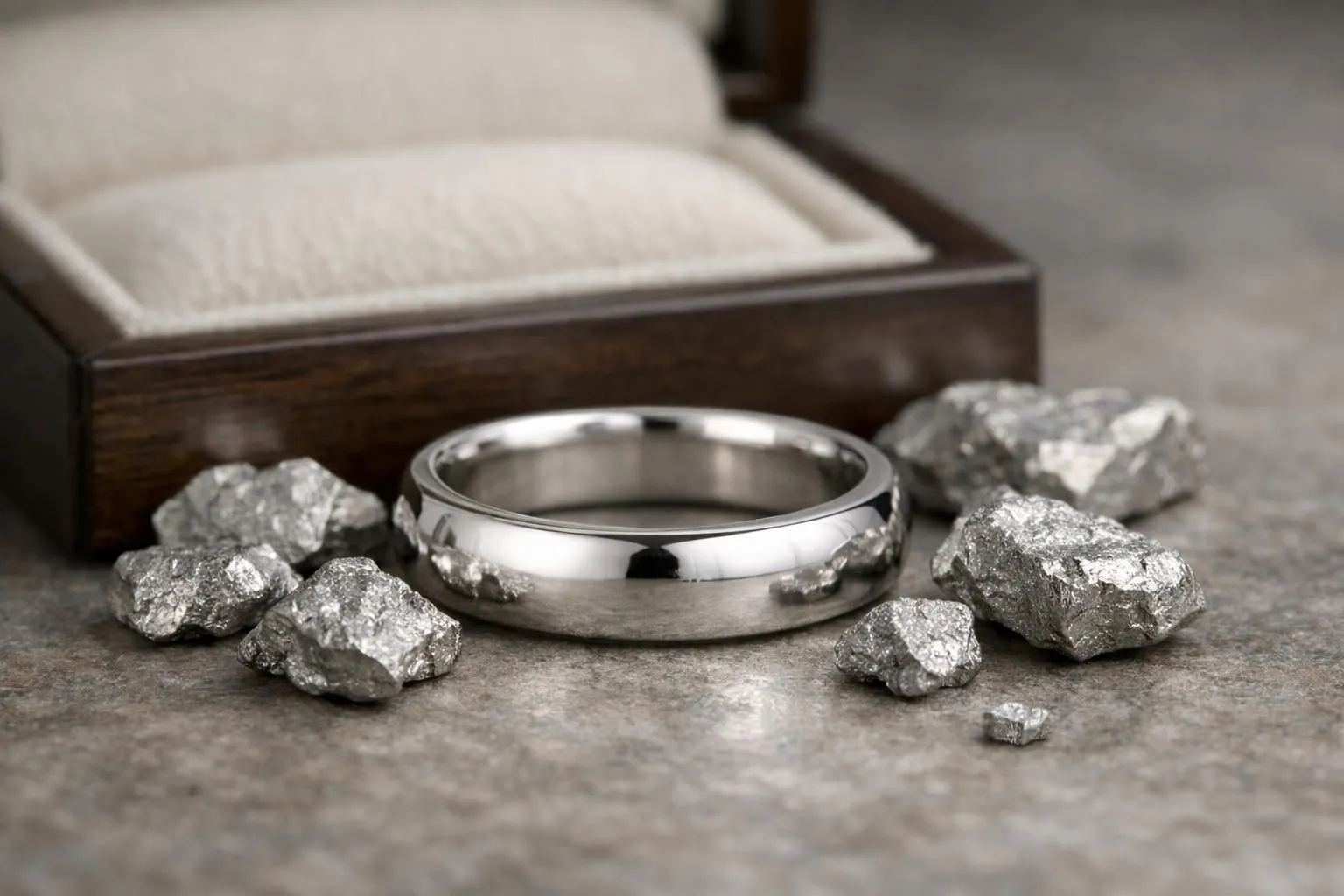 Close-up of an elegant platinum wedding band with brilliant natural white luster, surrounded by raw platinum nuggets and a refined display setting that emphasizes luxury craftsmanship and metal purity, professional jewelry photography with soft lighting highlighting the ring's smooth finish