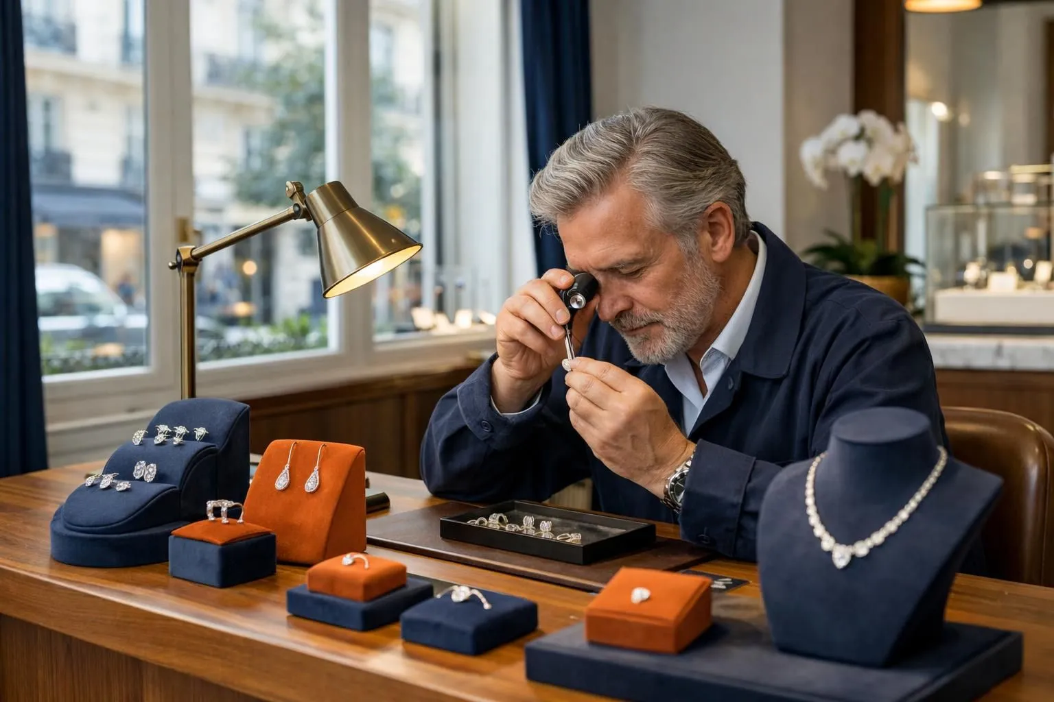 Elegant Parisian jewelry workshop interior in Saint-Germain-des-Prés district, craftsman examining precious gemstones under magnifying glass, refined wooden workbench with velvet displays, soft natural lighting through tall windows, luxury boutique atmosphere